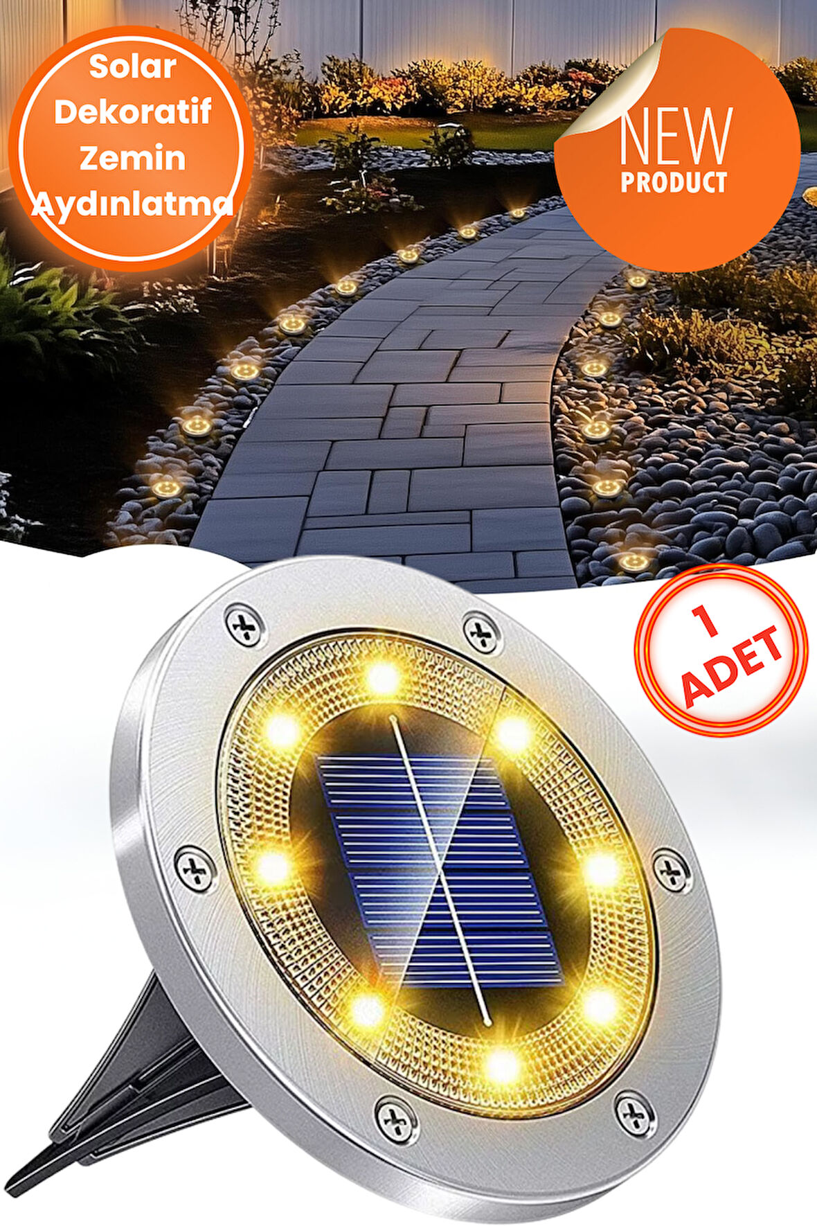 Technojet 1Adet Solar Ultra Parlak SMD 8led Kazıklı Çim Zemin Bahçe Aydınlatma Güneş Enerjili Sarı