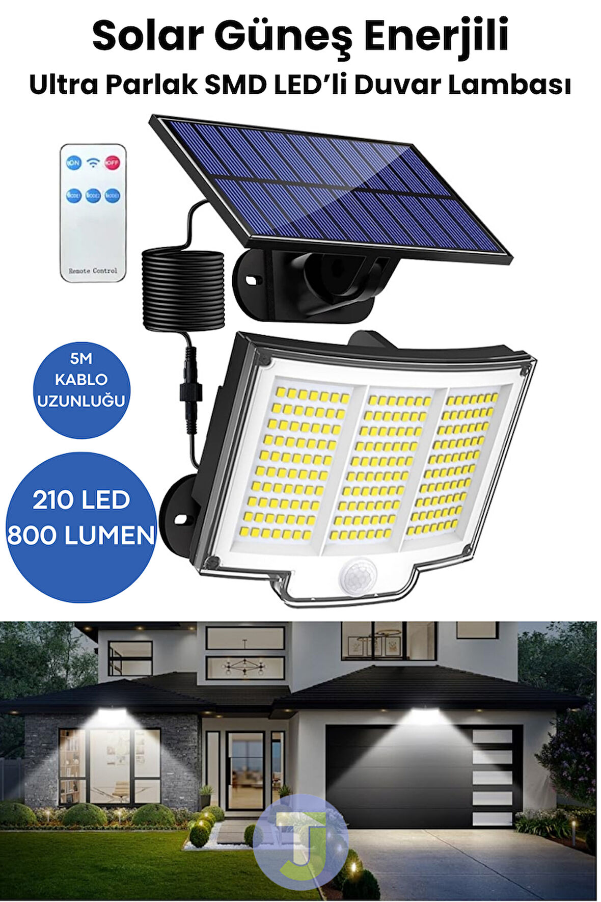 Technojet 220 LED Solar Duvar Lambası – 5mt Kablo, Kumandalı, 3 Modlu, IP65 Bahçe Aydınlatma Beyaz
