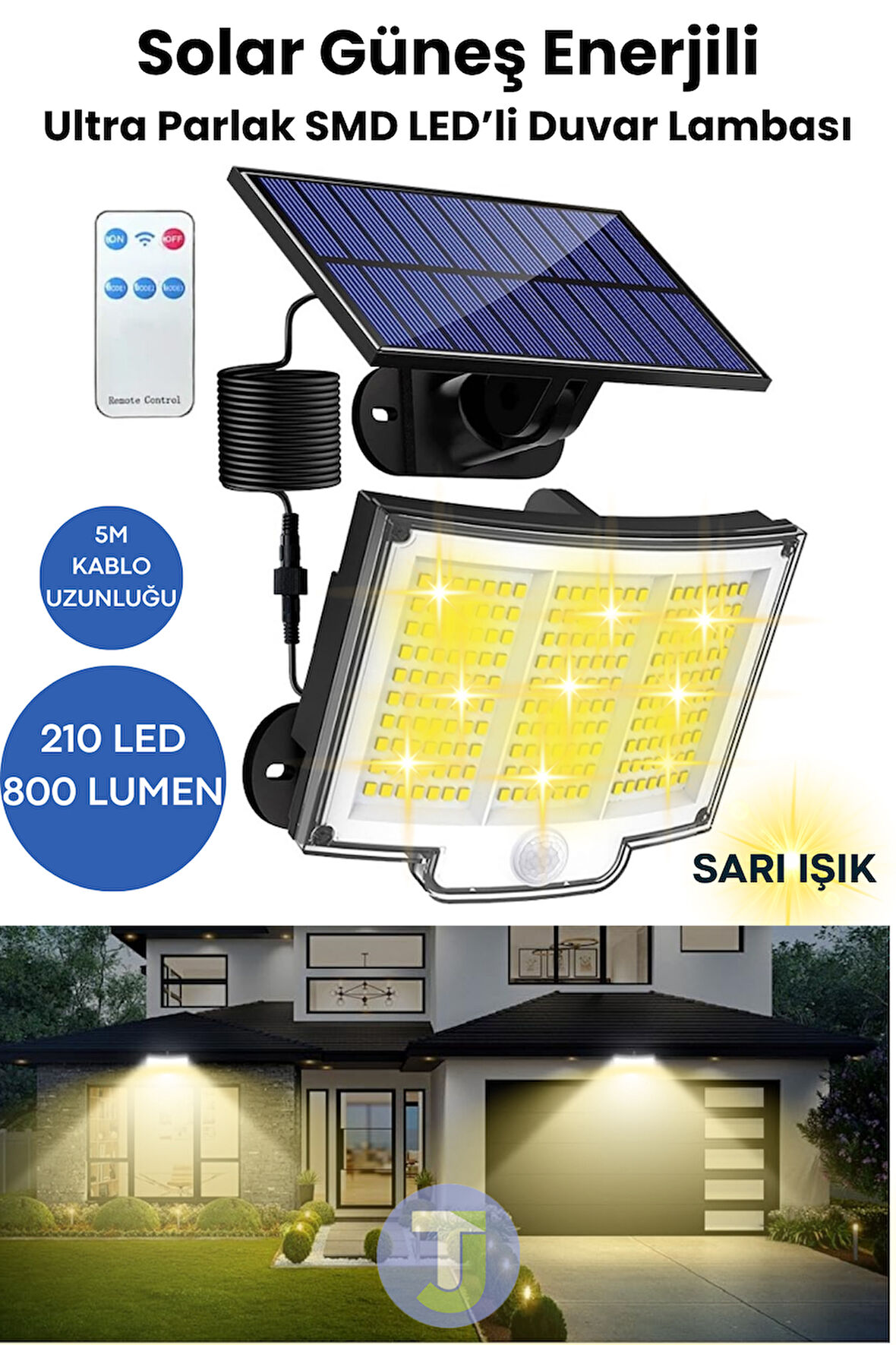 Technojet 220 LED Solar Duvar Lambası – 5mt Kablo, Kumandalı, 3 Modlu, IP65 Bahçe Aydınlatma Sarı