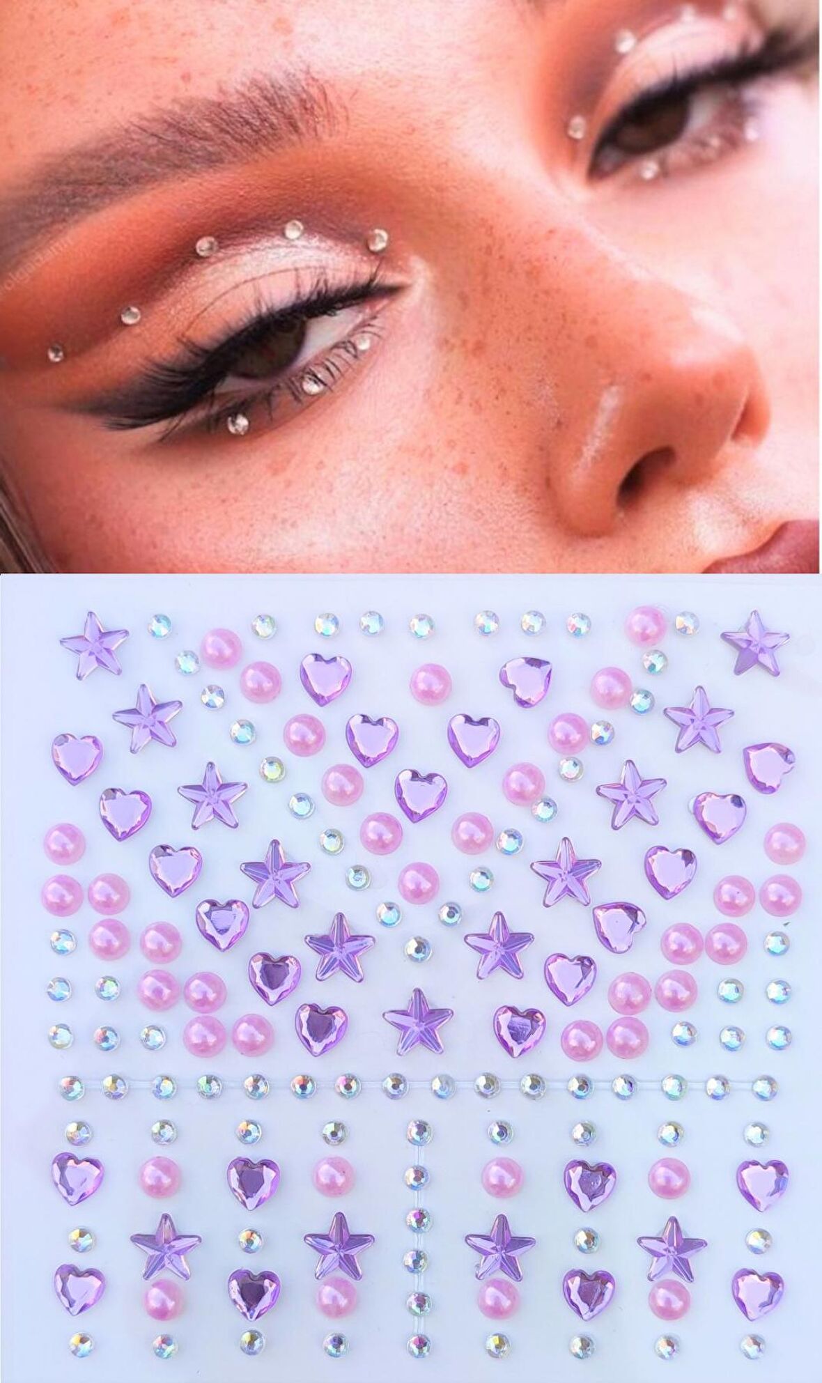 Taş Sticker Yapışkanlı Saç, Yüz, Tırnak, Makyaj ve Süs Taşı Işıltılı Parlak Mor İnci, Yıldız, Kalpli Model