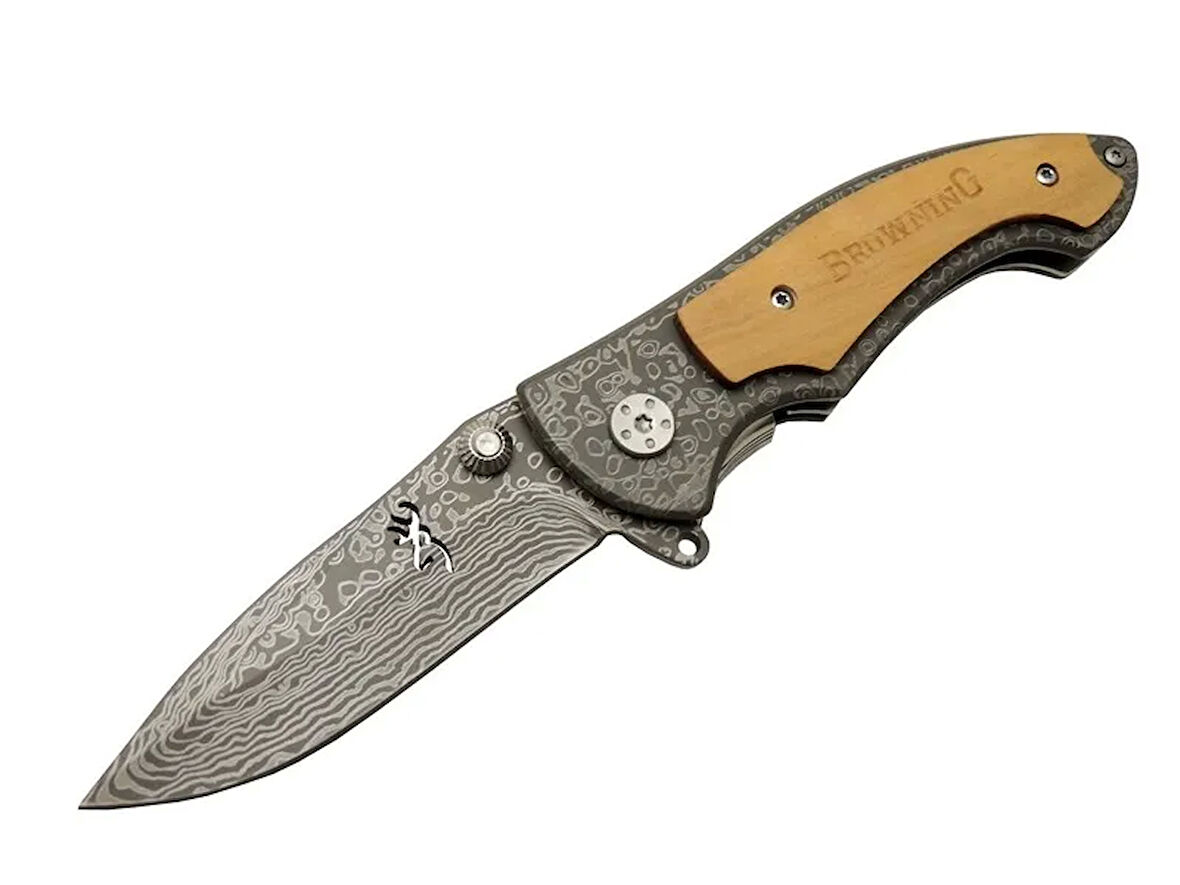 2-31 Damascus Kamp Çakı 19,5cm - Yarı Otomatik, Kemerlikli, Ahşap Metal Sap