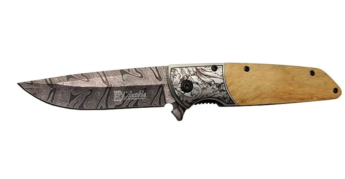 A2150c Kahve Kamp Çakısı 21cm- Manuel, Ahşap İşlemeli Sap,kemerlikli