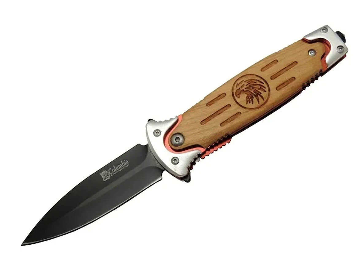 Fs 11032 Kahverengi Kurtarma / Kamp Çakısı 20cm - Kartal İşlemeli Ahşap Sap, Kemerlikli, Cam Kırma Aparatlı