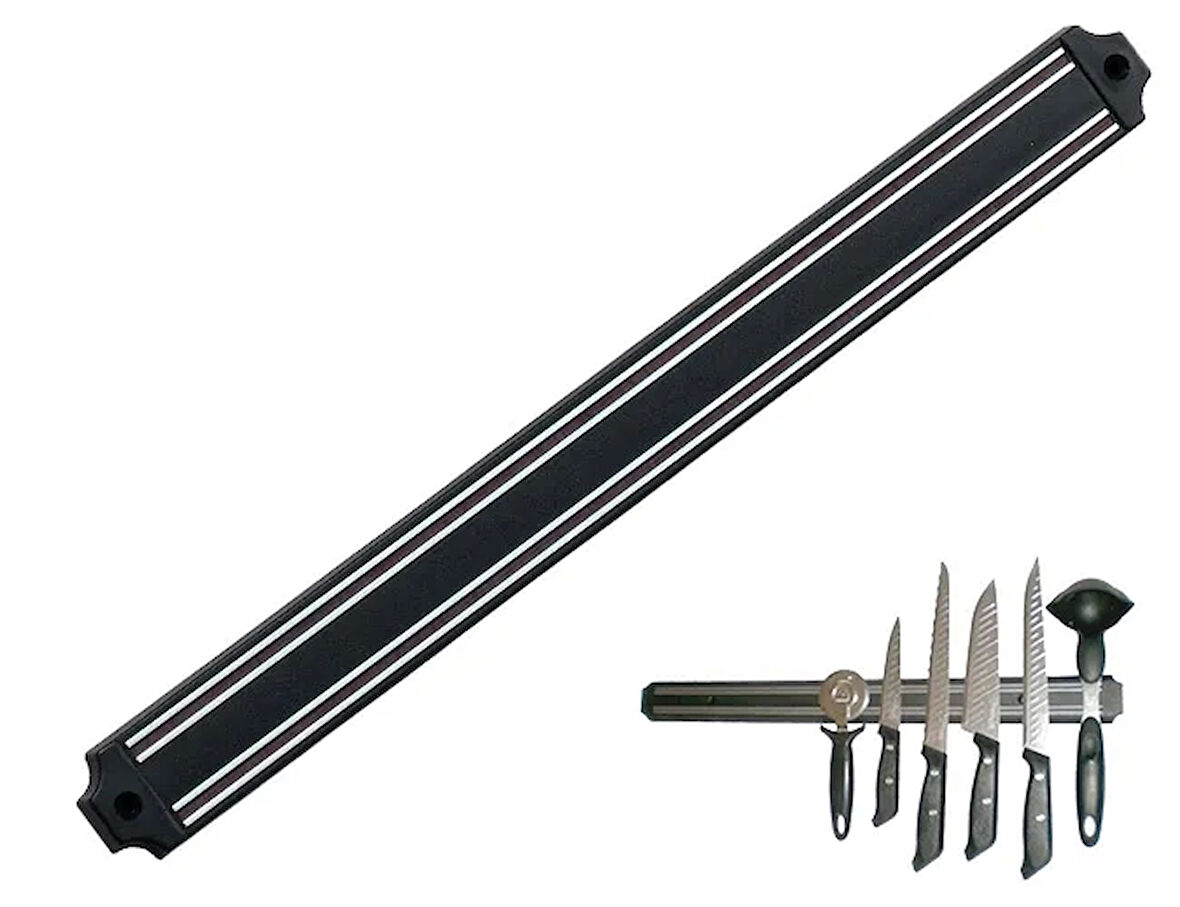 Mutfak Duına Monte Mıknatıslı Geniş Bıçak Tutucu Stand - 55 Cm - Siyah - Paslanmaz Çelik