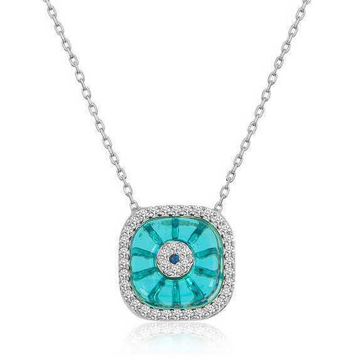 Gümüş Rodyum Kare Camgöz Nazar Kadın Kolye