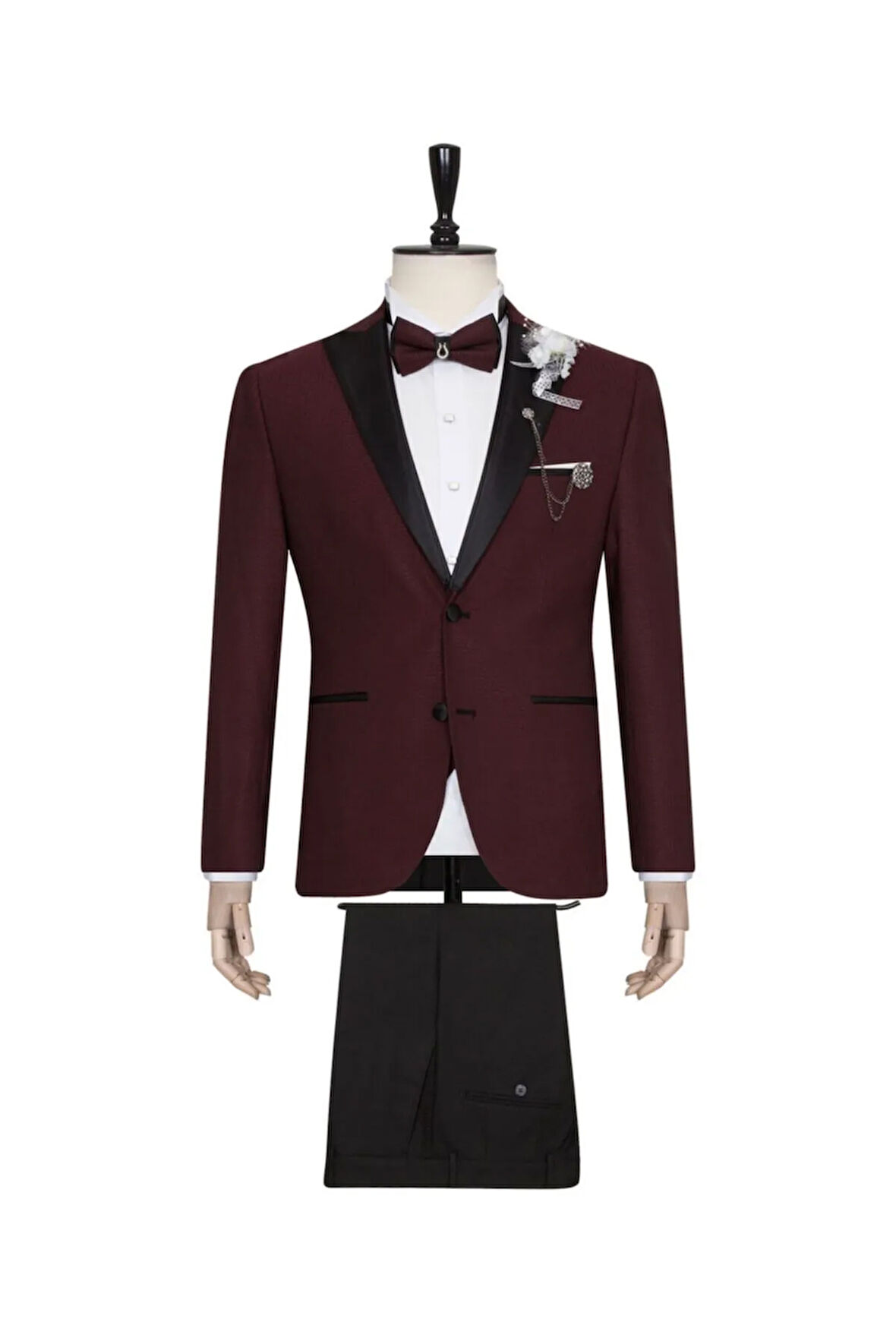 Erkek Bordo Dokulu Yelekli Slim Fit Smokin Damatlık