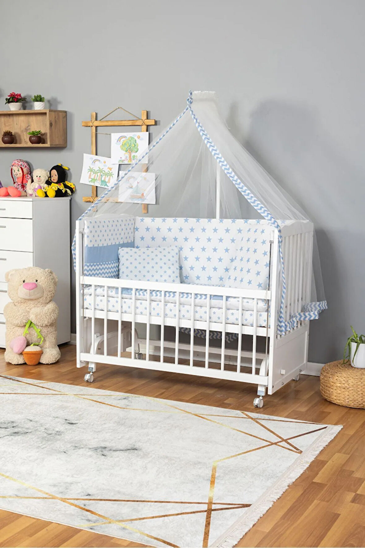 Ahşap Beşik Anne Yanı Beşik Beyaz 60x120 - Mavi Yıldız Tek Yastık Uyku Seti + Yatak + Tekerlekli