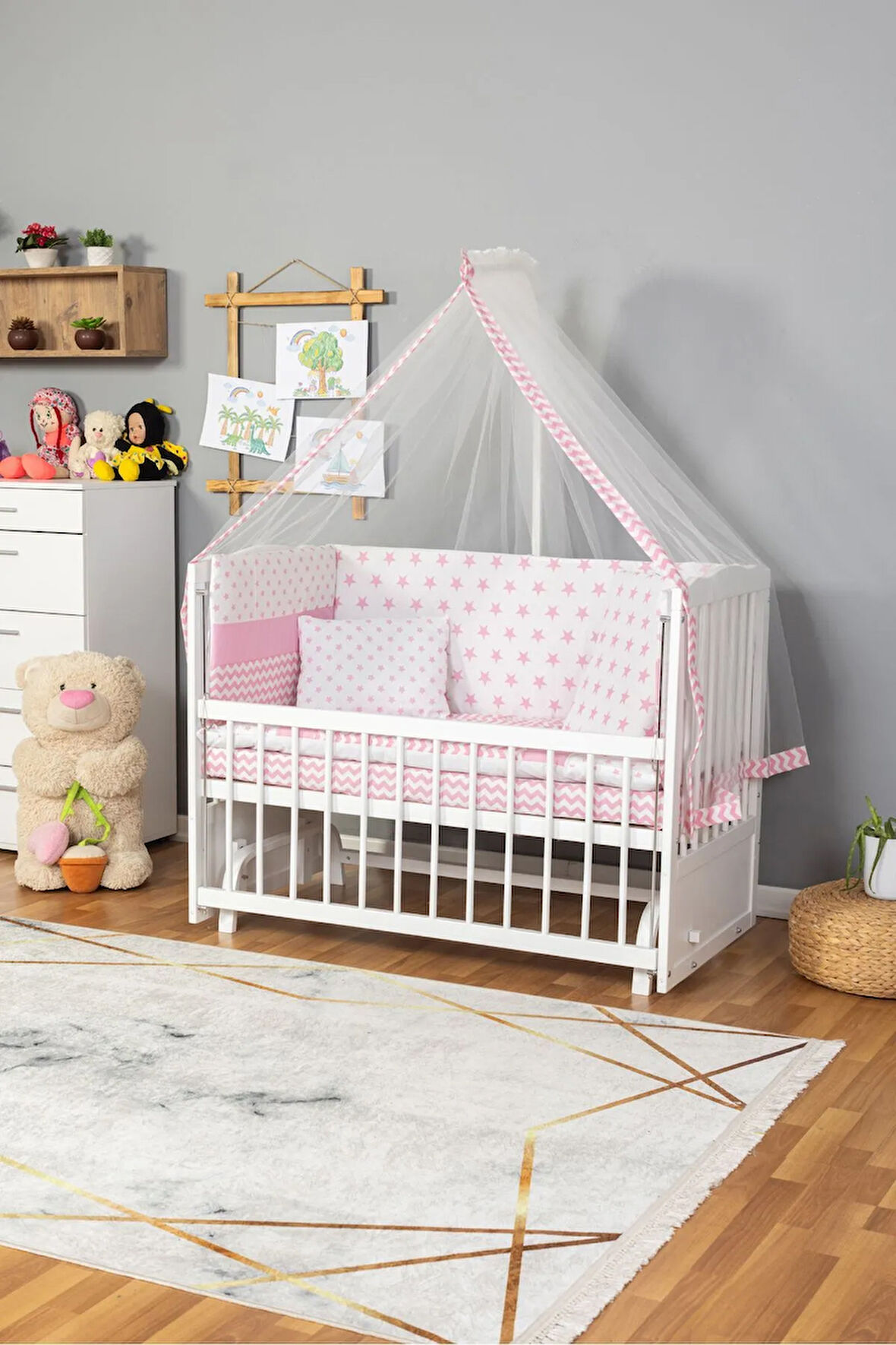 Ahşap Beşik Anne Yanı Beşik Beyaz 60x120 - Pembe Yıldız Tek Yastık Uyku Seti + Yatak