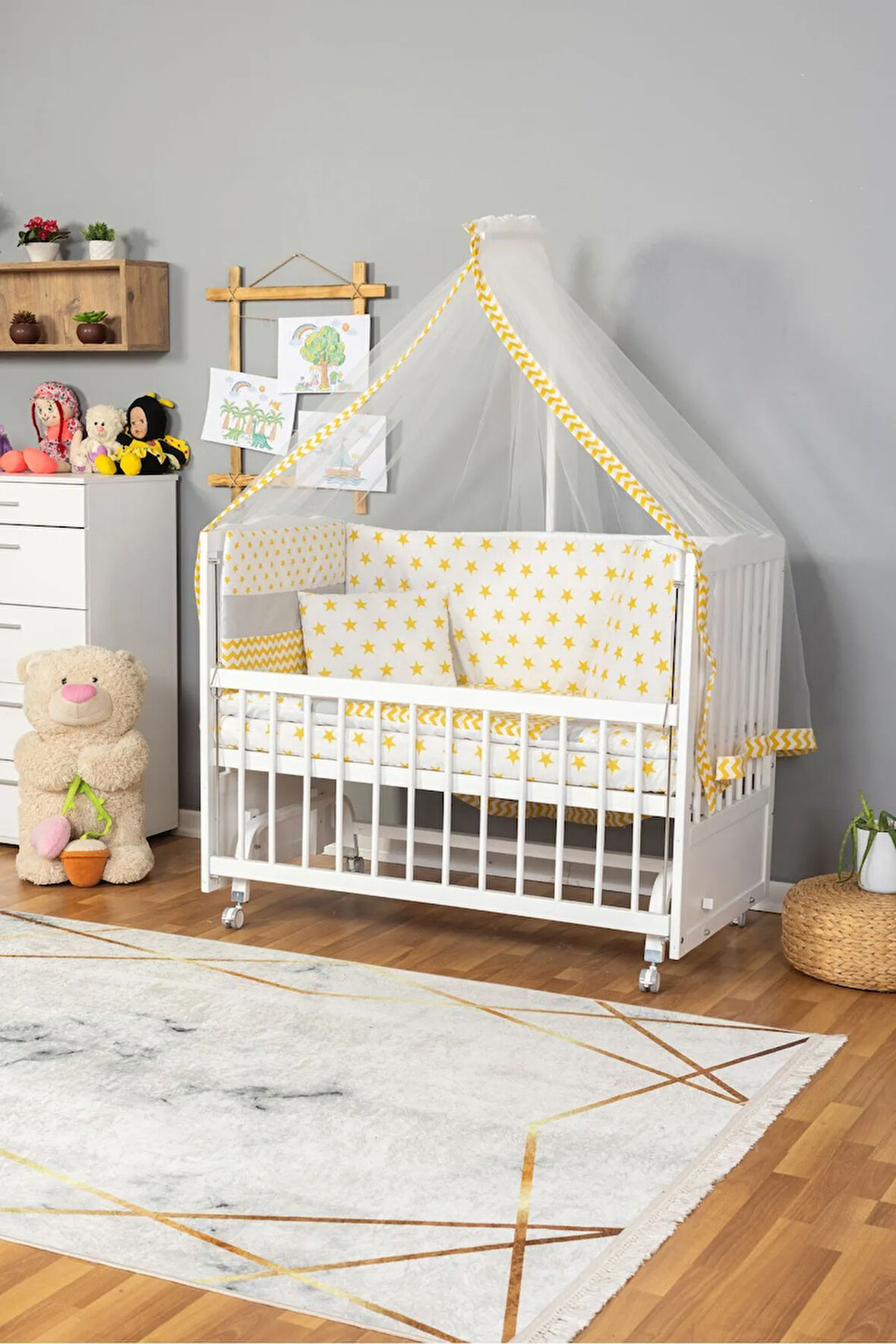 Ahşap Beşik Anne Yanı Beşik Beyaz 60x120 - Sarı Yıldız Tek Yastık Uyku Seti + Yatak + Tekerlekli