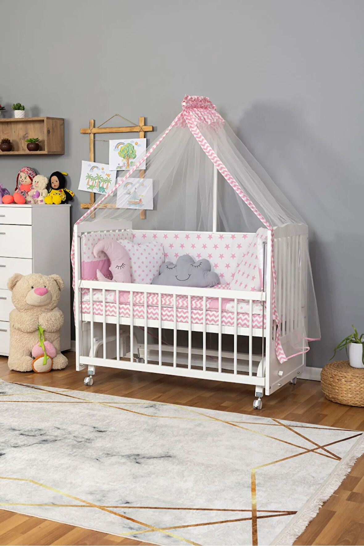 Ahşap Beşik Anne Yanı Beşik Beyaz 60x120 - Pembe Yıldız 3 Yastık Uyku Seti + Yatak + Tekerlekli