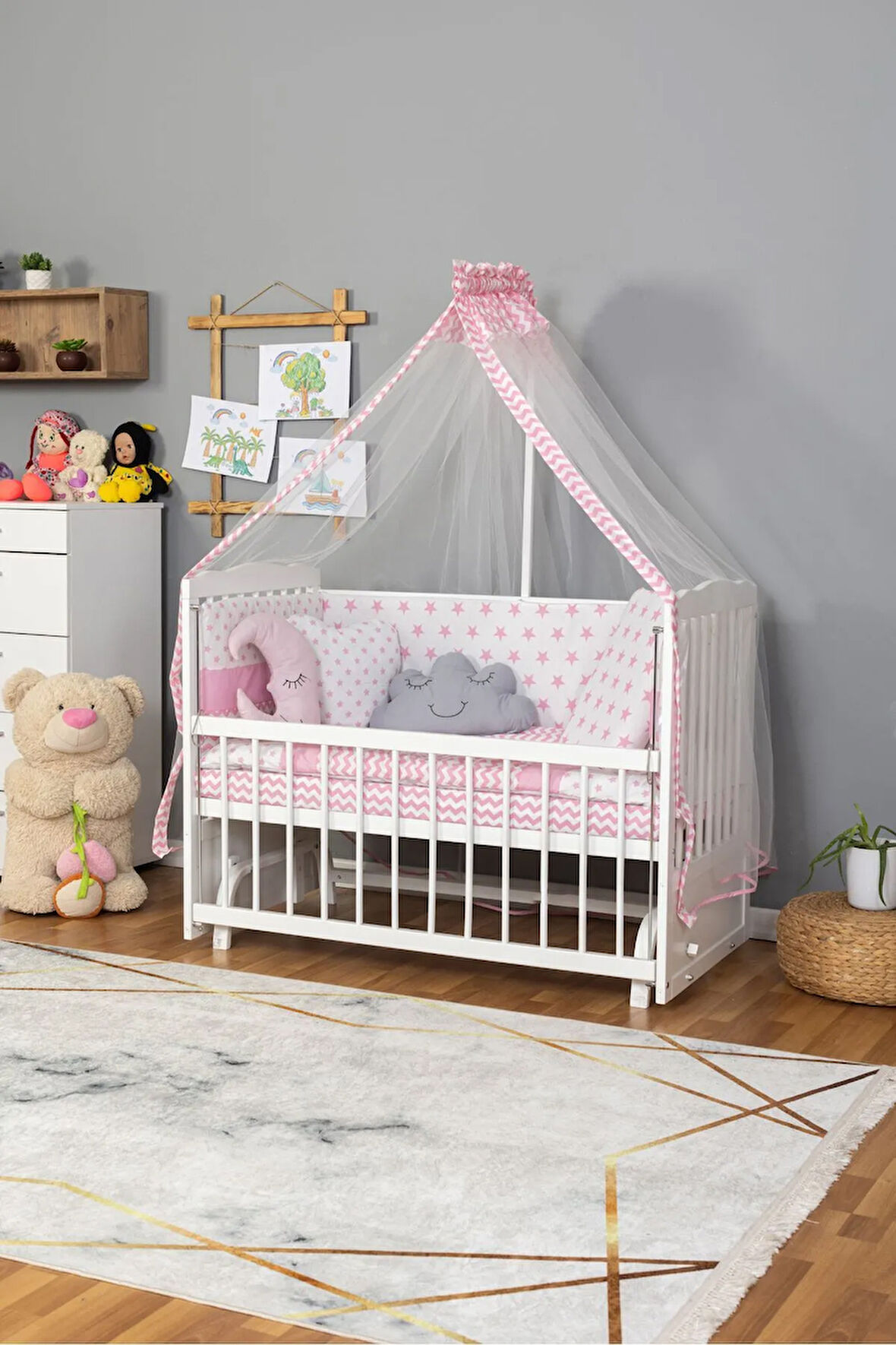 Ahşap Beşik Anne Yanı Beşik Beyaz 60x120 - Pembe Yıldız 3 Yastık Uyku Seti + Yatak