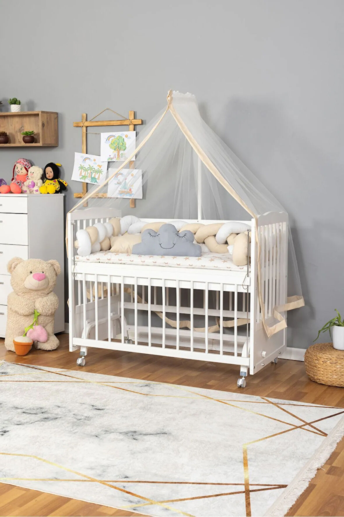 Ahşap Beşik Anne Yanı Beşik Beyaz 60x120 - Krem Beyaz Örgü Uyku Seti Seti + Yatak + Tekerlekli