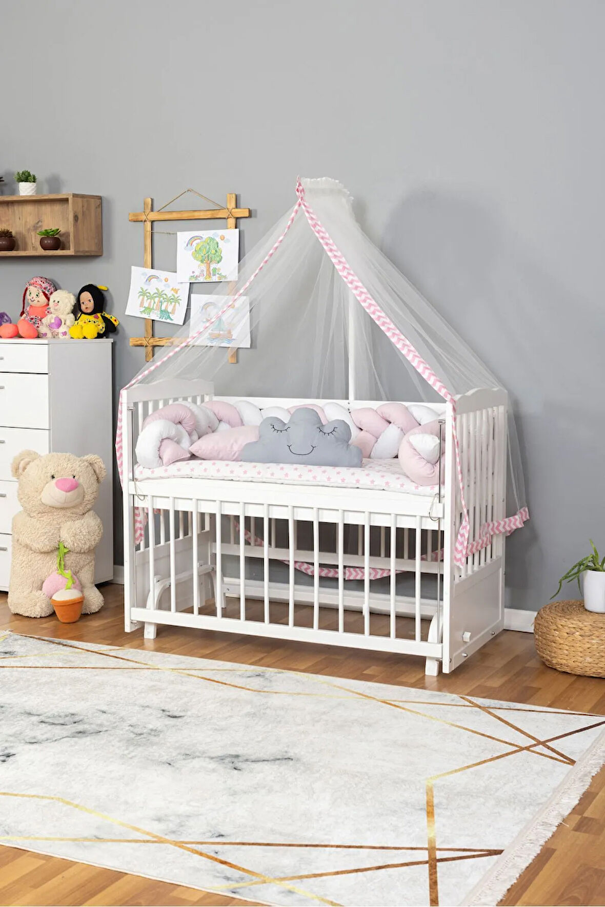 Ahşap Beşik Anne Yanı Beşik Beyaz 60x120 - Pembe Beyaz Örgü Uyku Seti Seti + Yatak