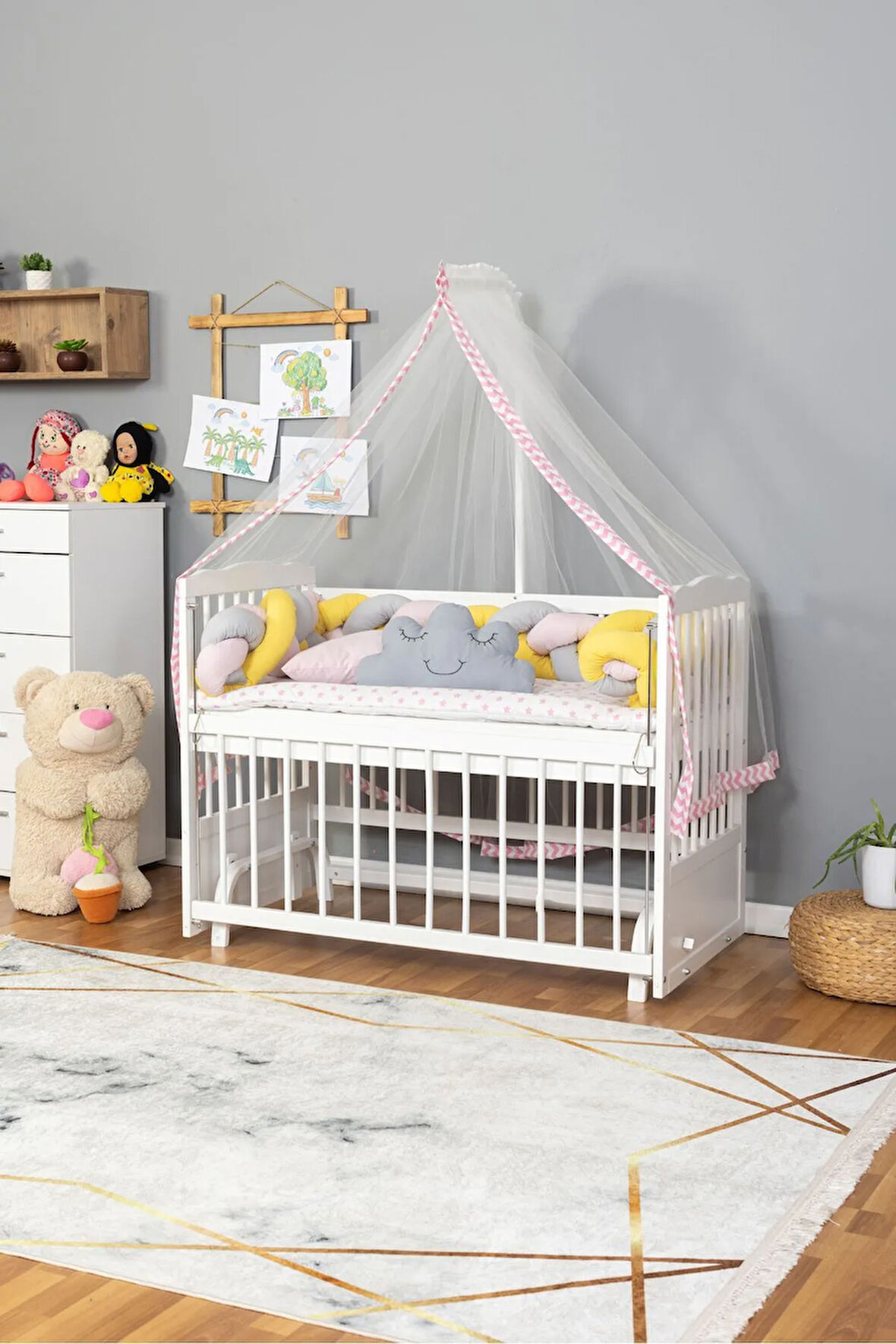 Ahşap Beşik Anne Yanı Beşik Beyaz 60x120 - Pembe Sarı Örgü Uyku Seti Seti + Yatak