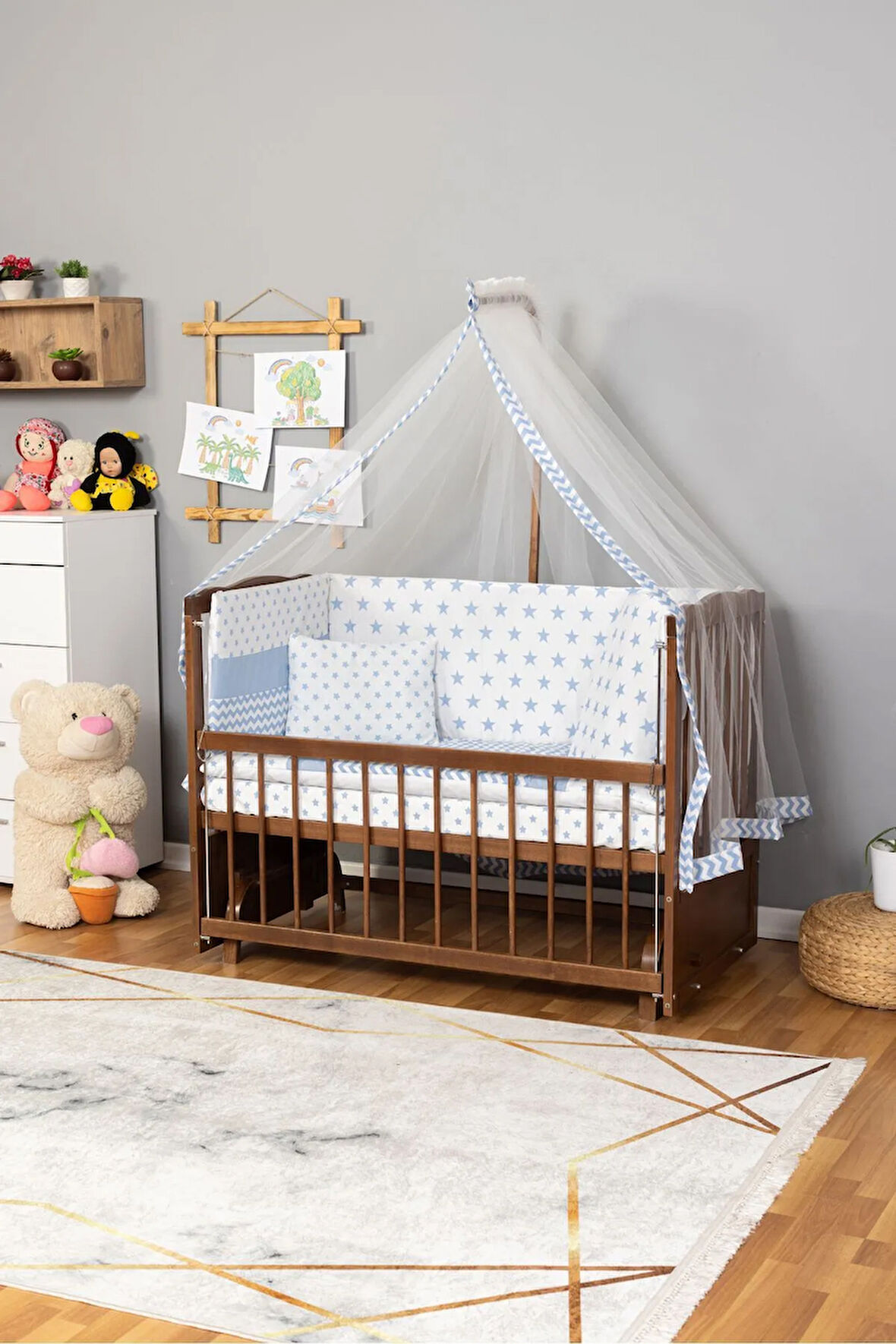 Ahşap Beşik Anne Yanı Beşik Ceviz 60x120 - Mavi Yıldız Tek Yastık Uyku Seti + Yatak