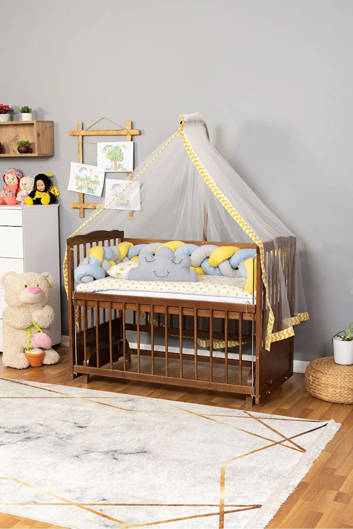 Ahşap Beşik Anne Yanı Beşik Ceviz 60x120 - Sarı Mavi Örgü Uyku Seti Seti + Yatak