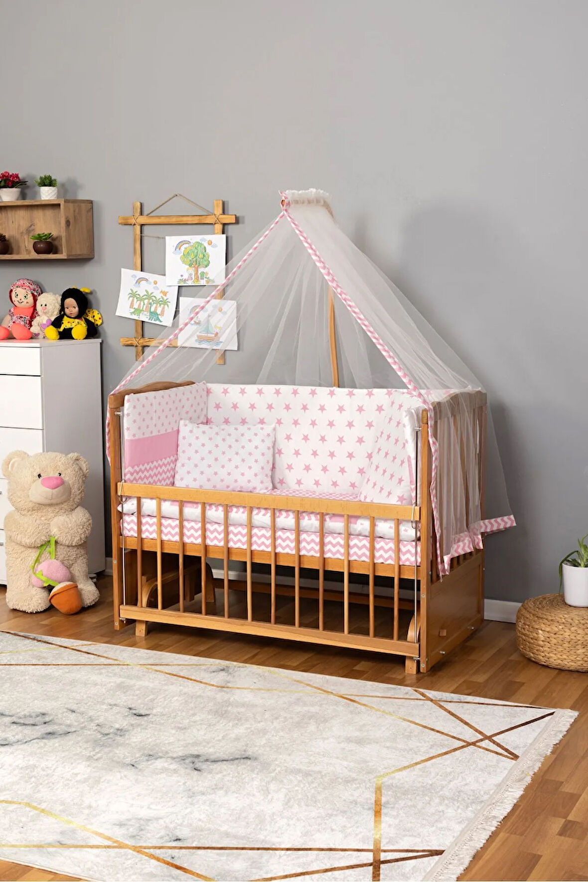 Ahşap Beşik Anne Yanı Beşik (Vernikli) 60x120 - Pembe Yıldız Tek Yastık Uyku Seti + Yatak