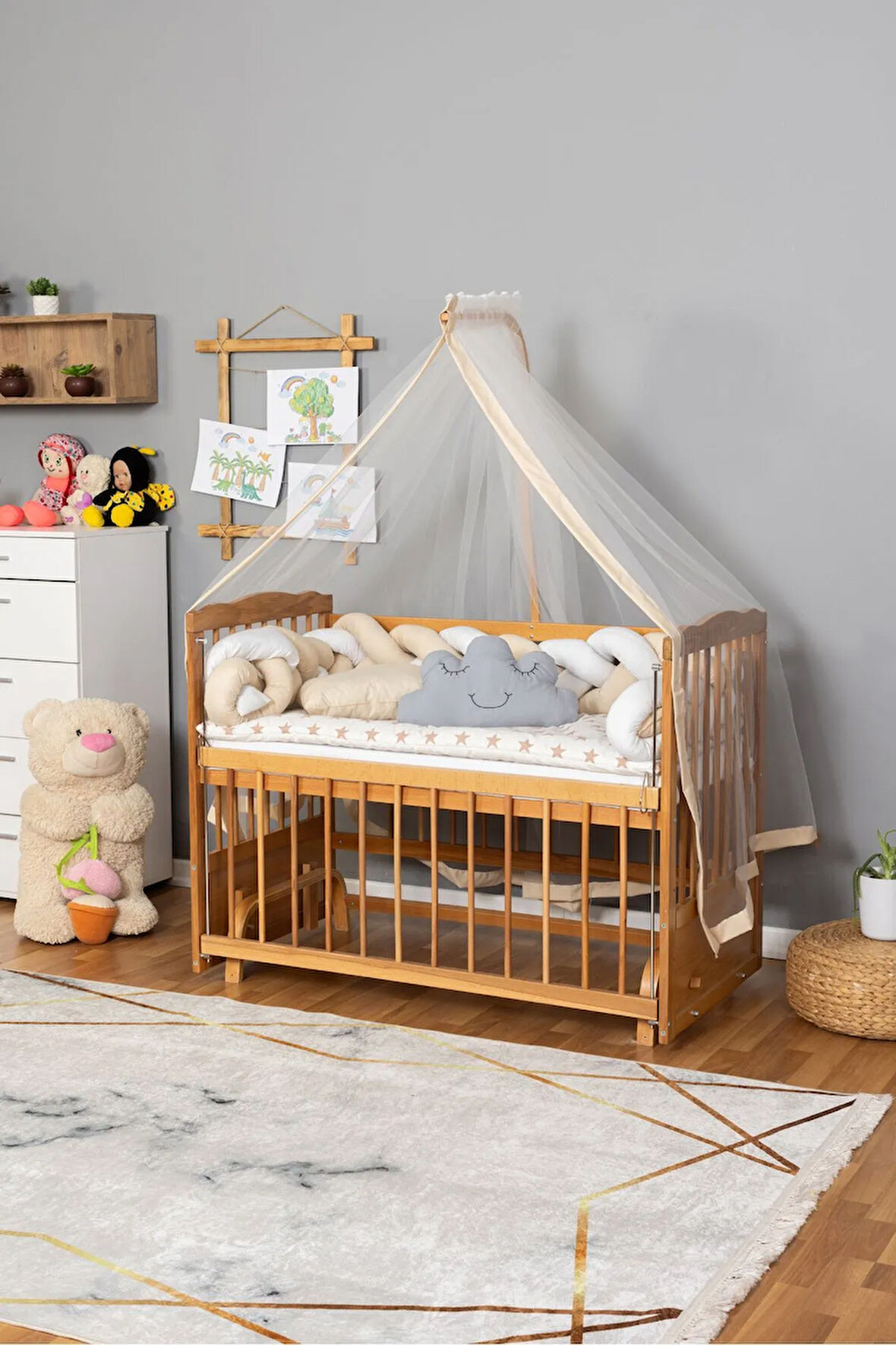 Ahşap Beşik Anne Yanı Beşik Vernikli 60x120 - Krem Beyaz Örgü Uyku Seti Seti + Yatak