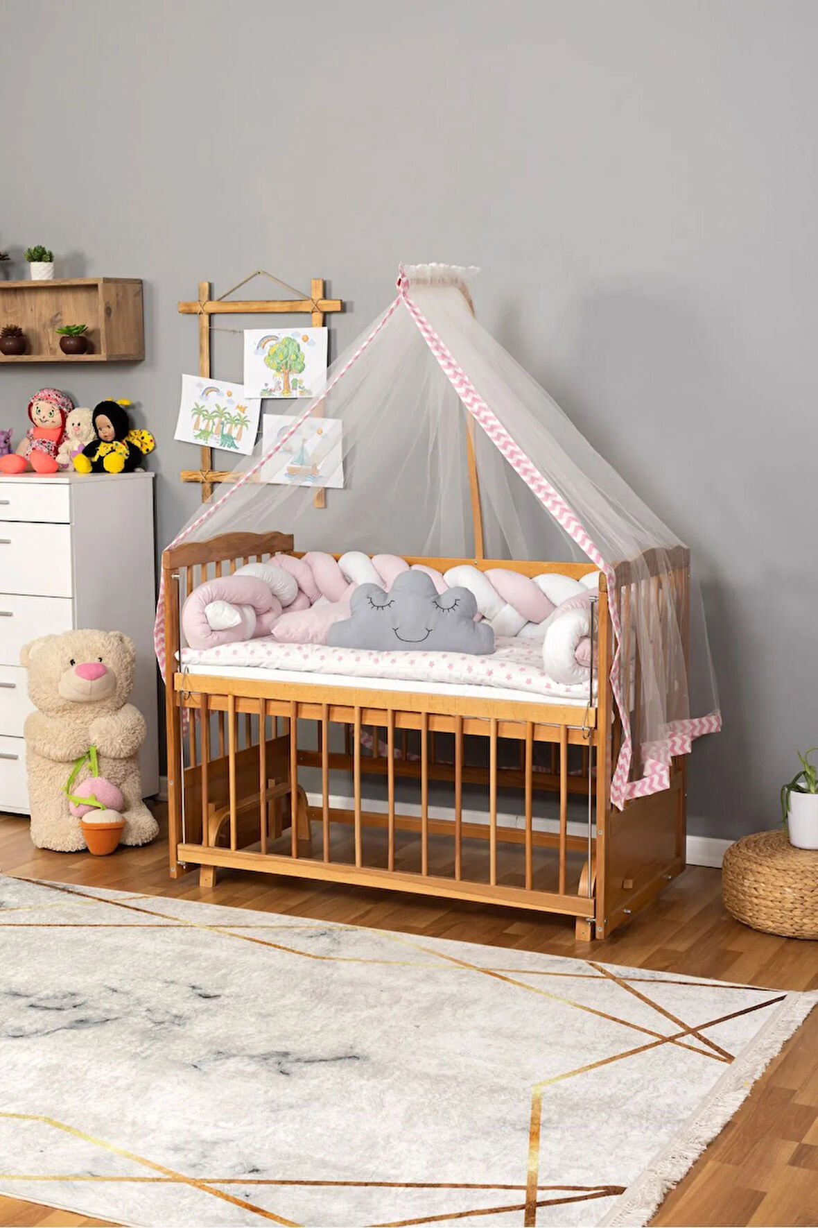 Ahşap Beşik Anne Yanı Beşik Vernikli 60x120 - Pembe Beyaz Örgü Uyku Seti Seti + Yatak