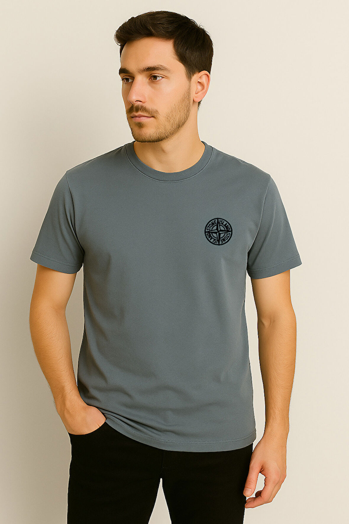 TREND KAPINDA STONE ISLAND PAMUK PENYE BİSİKLET YAKA T-SHİRT KOYU YEŞİL