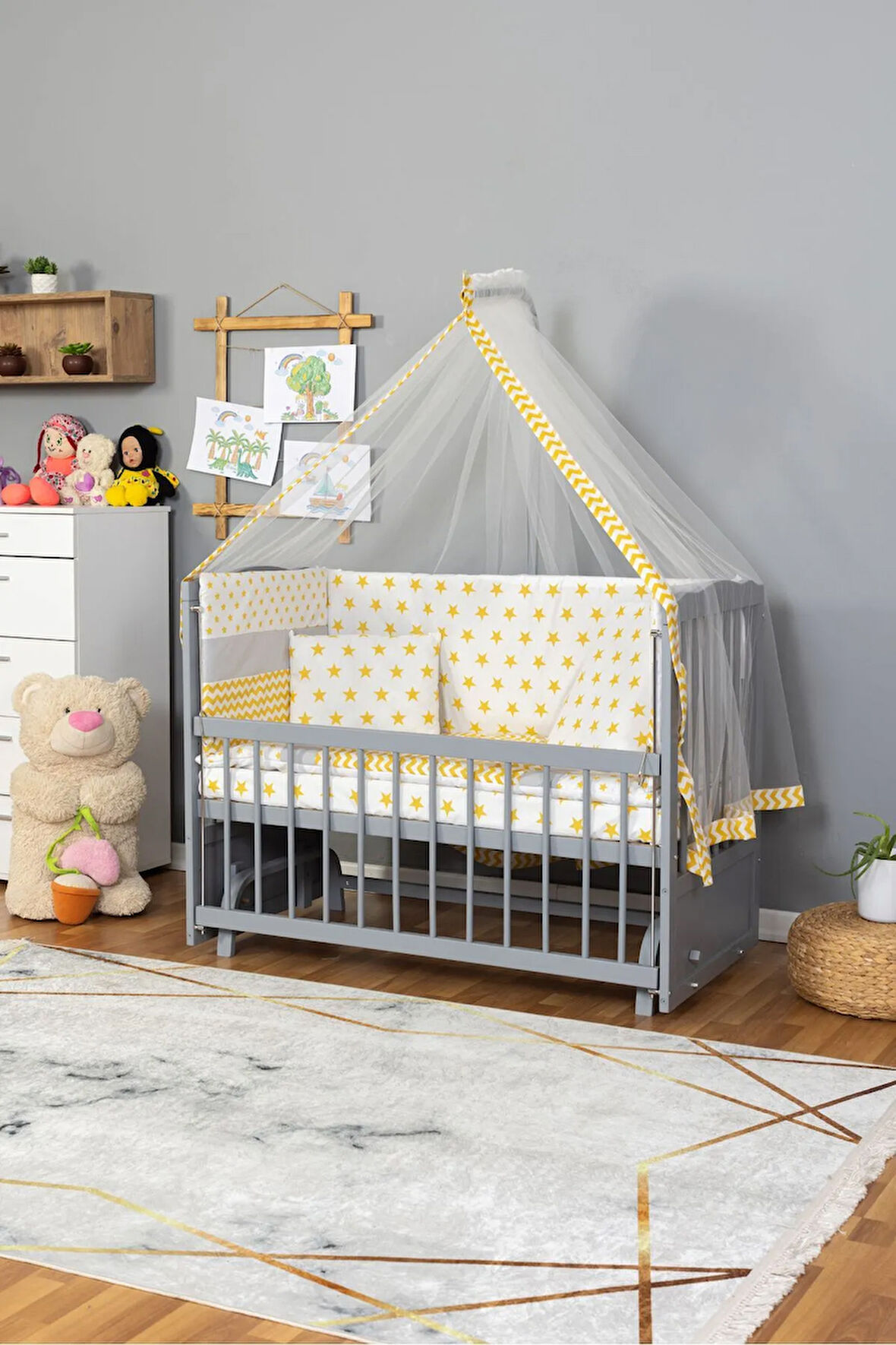 Ahşap Beşik Anne Yanı Beşik Gri 60x120 - Sarı Yıldız Tek Yastık Uyku Seti + Yatak