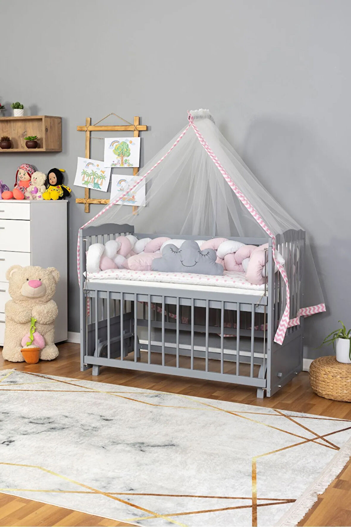 Ahşap Beşik Anne Yanı Beşik Gri 60x120 - Pembe Beyaz Örgü Uyku Seti Seti + Yatak