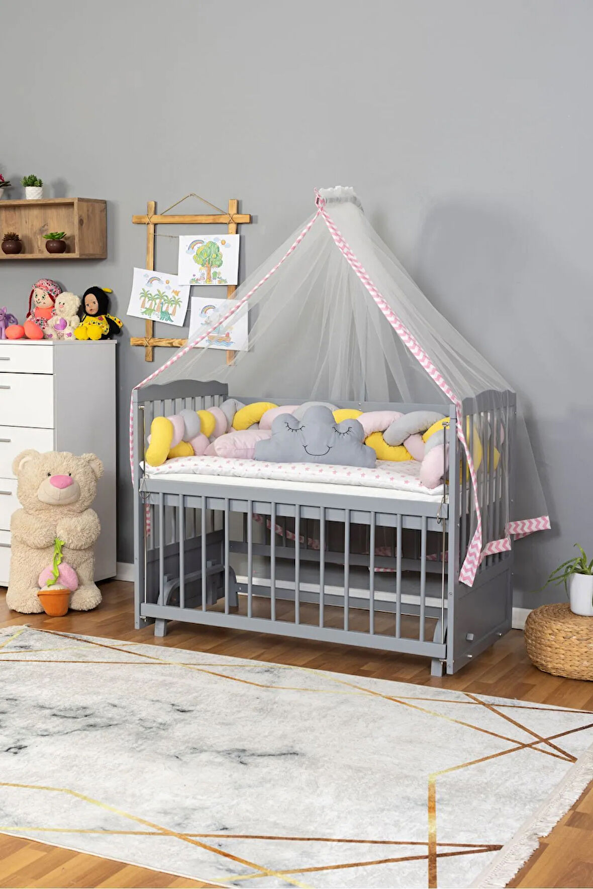 Ahşap Beşik Anne Yanı Beşik Gri 60x120 - Pembe Sarı Örgü Uyku Seti Seti + Yatak