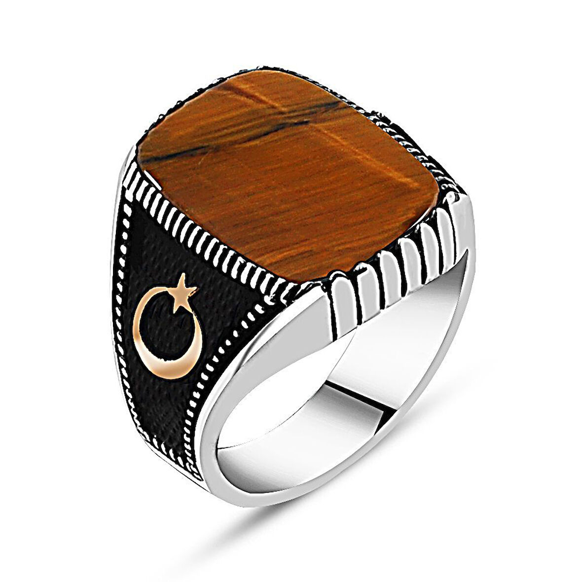 925 Ayar Gümüş Ay Yıldız İşlemeli  Kaplangözü Yüzük