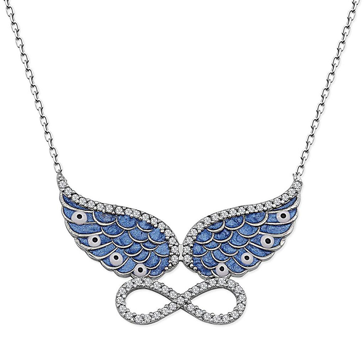 Mavi Melek Kanatlı Sonsuzluk Gümüş Kolye