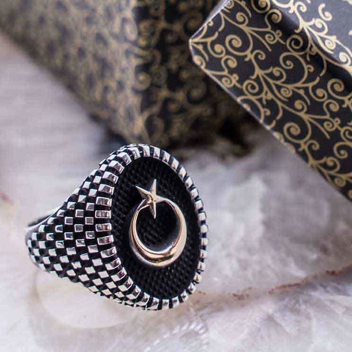 925 Ayar Gümüş Oval  Ay Yıldız Erkek Gümüş Yüzük