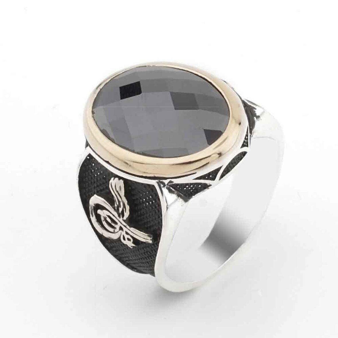 925 Ayar Gümüş Siyah Zirkon Taşlı Tuğra Detaylı Erkek Yüzük