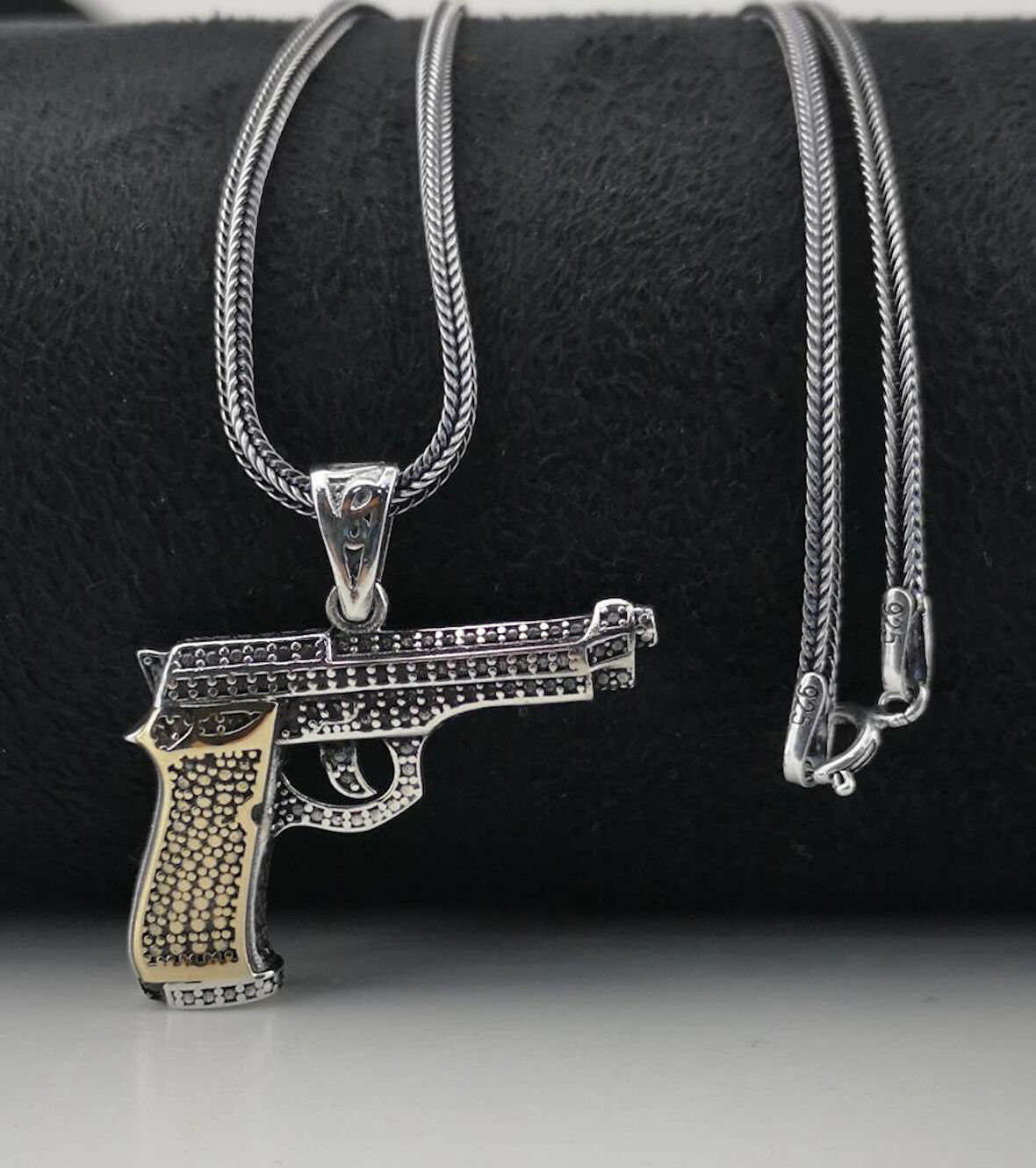 Özel Tabanca Tasarımlı 925 Ayar Gümüş Kolye 60 CM