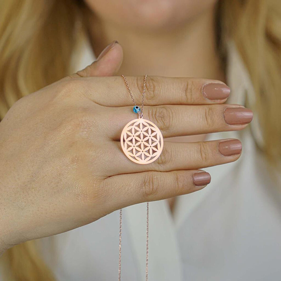 Yaşam Çiçeği ve Nazar Tasarımlı Rose 925 Ayar Gümüş Kadın Kolye