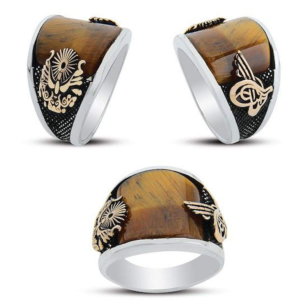 925 Ayar Gümüş Osmanlı Devlet Armalı Kaplan Gözü Taşlı Yüzük