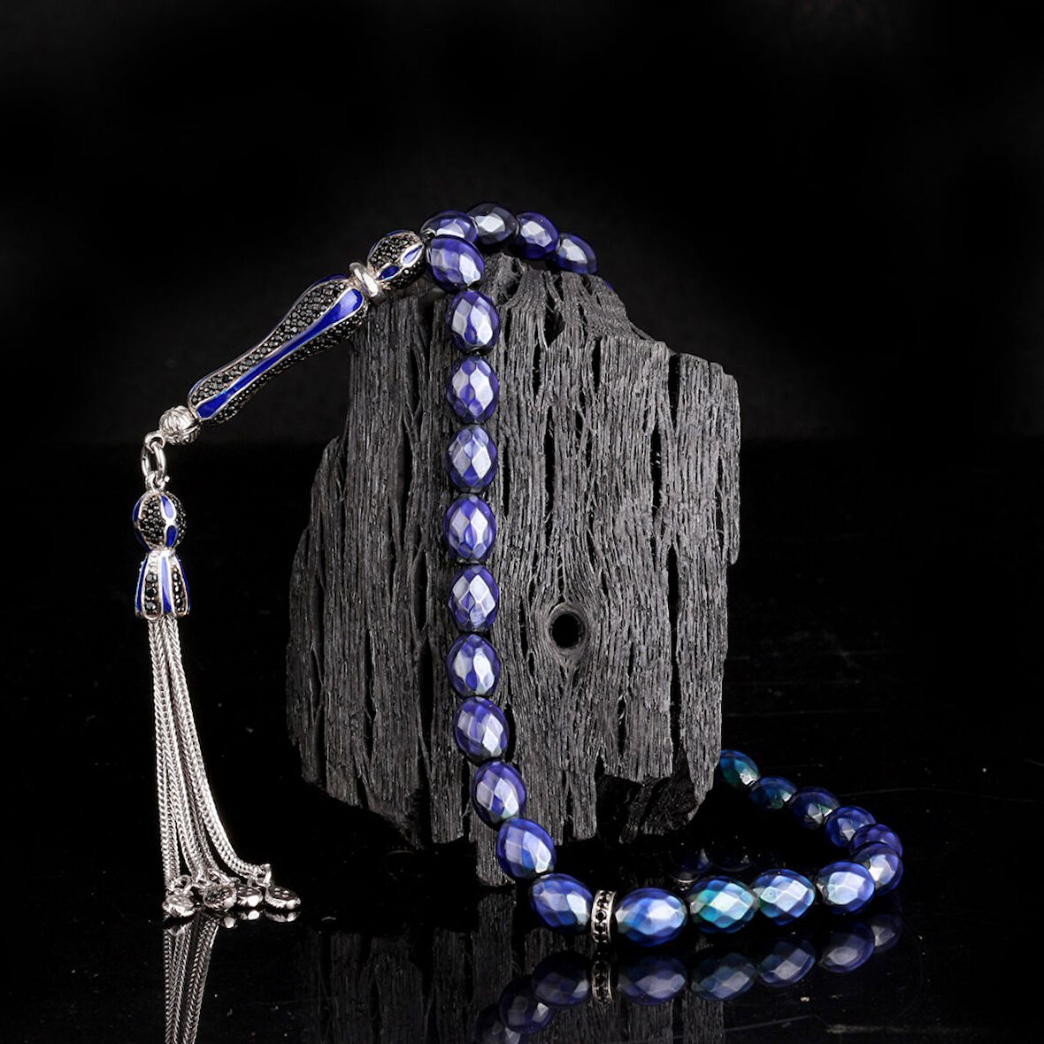 925 Ayar Gümüş Mine Püsküllü Renk Değiştiren Arpa Kesim His Taşı Tesbih