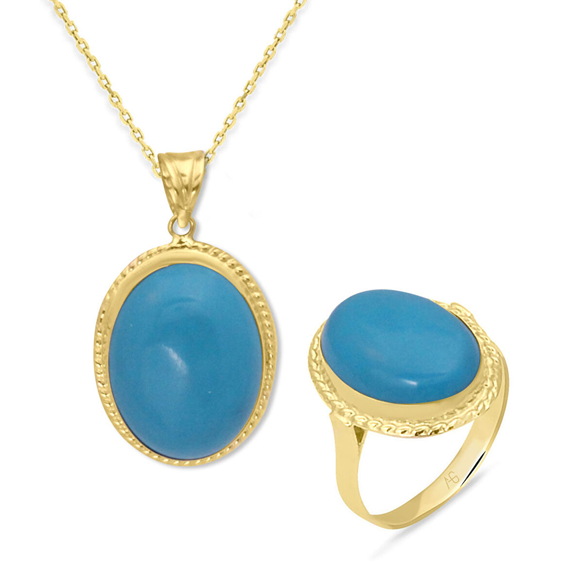 Firuze Taşlı Büyük Boy Altın İkili Takım (TKM0057)