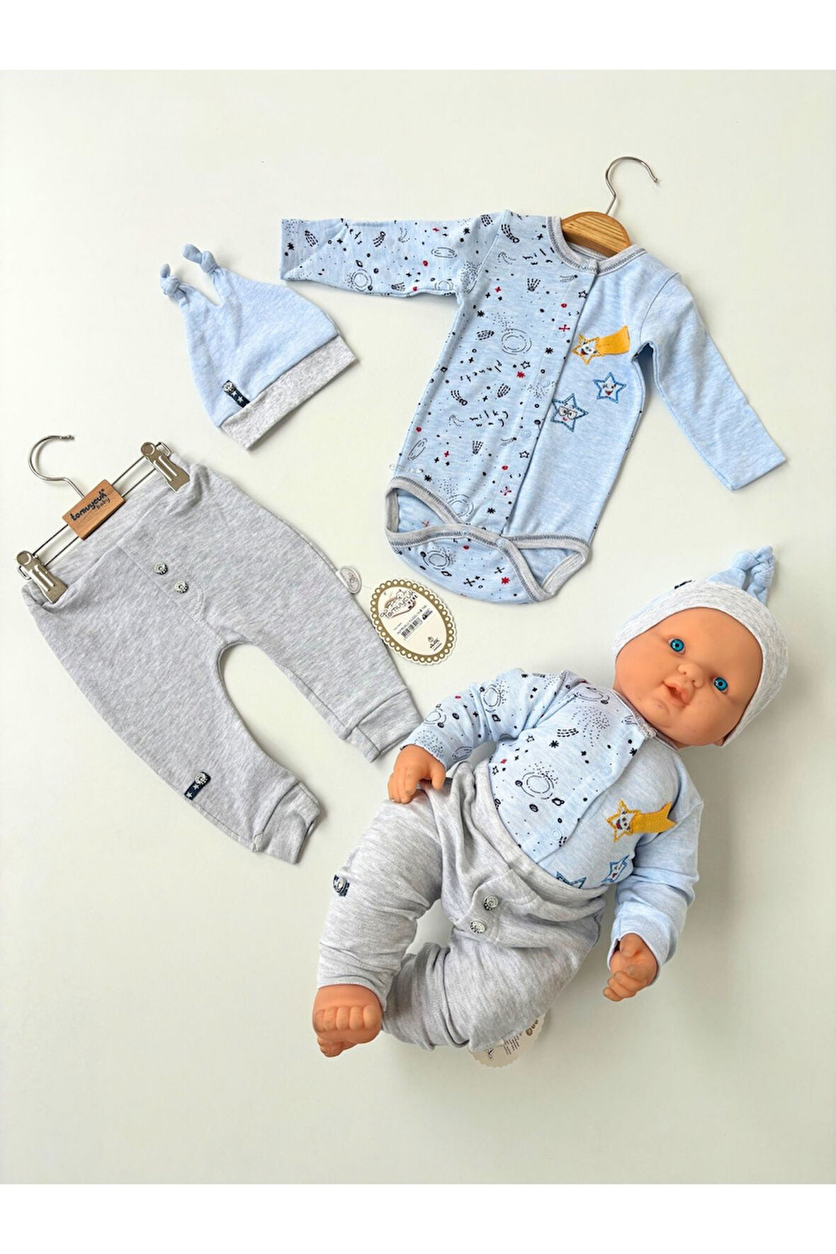 Mavi 3'lü Erkek Bebek Takımı - Uzun Kollu Bodyli & Mevsimlik Bebek Takım - %100 Pamuklu