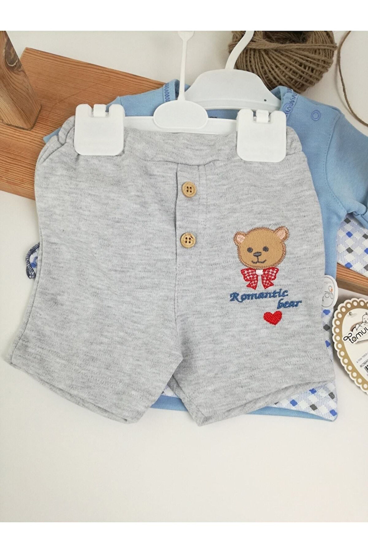 3'lü Erkek Bebek Takım Mavi Ayıcık Kısakol Sweat 3-6-9-12 Ay Bebek Takımları Kıyafetleri Bebek Giyim