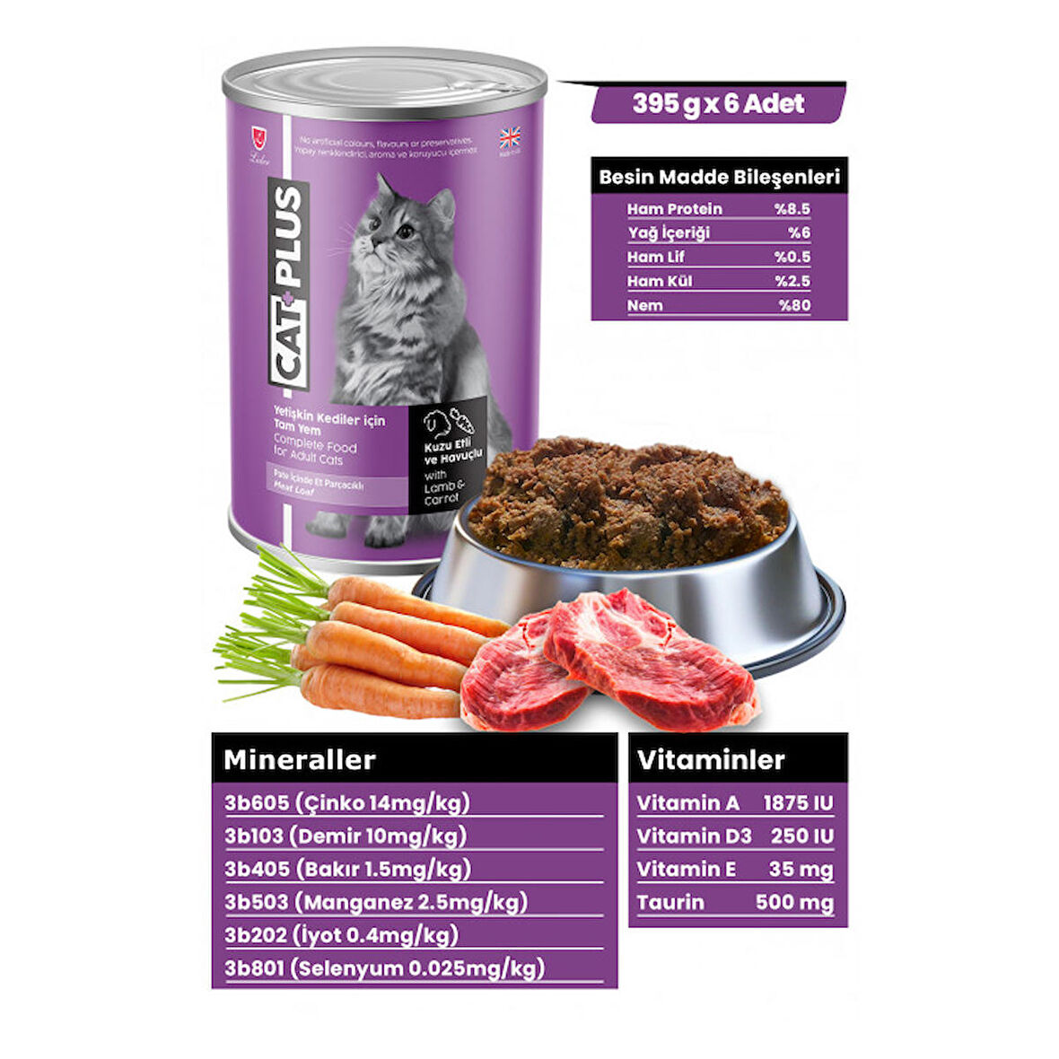 CatPlus Pate İçinder Et Parçacıklı Kuzu Etli ve Havuçlu Yetişkin Kedi Konserve Yaş Mama 395 Gr x 6 Adet