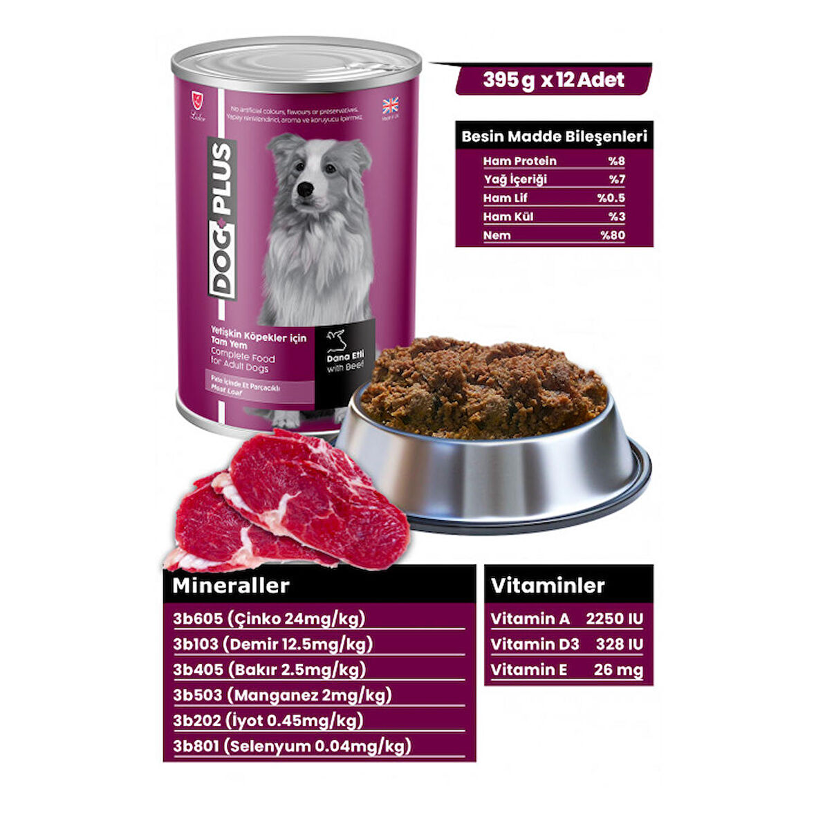 DogPlus Pate İçinde Et Parçacıklı Dana Etli Yetişkin Köpek Konserve Yaş Mama 395 Gr x 12 Adet