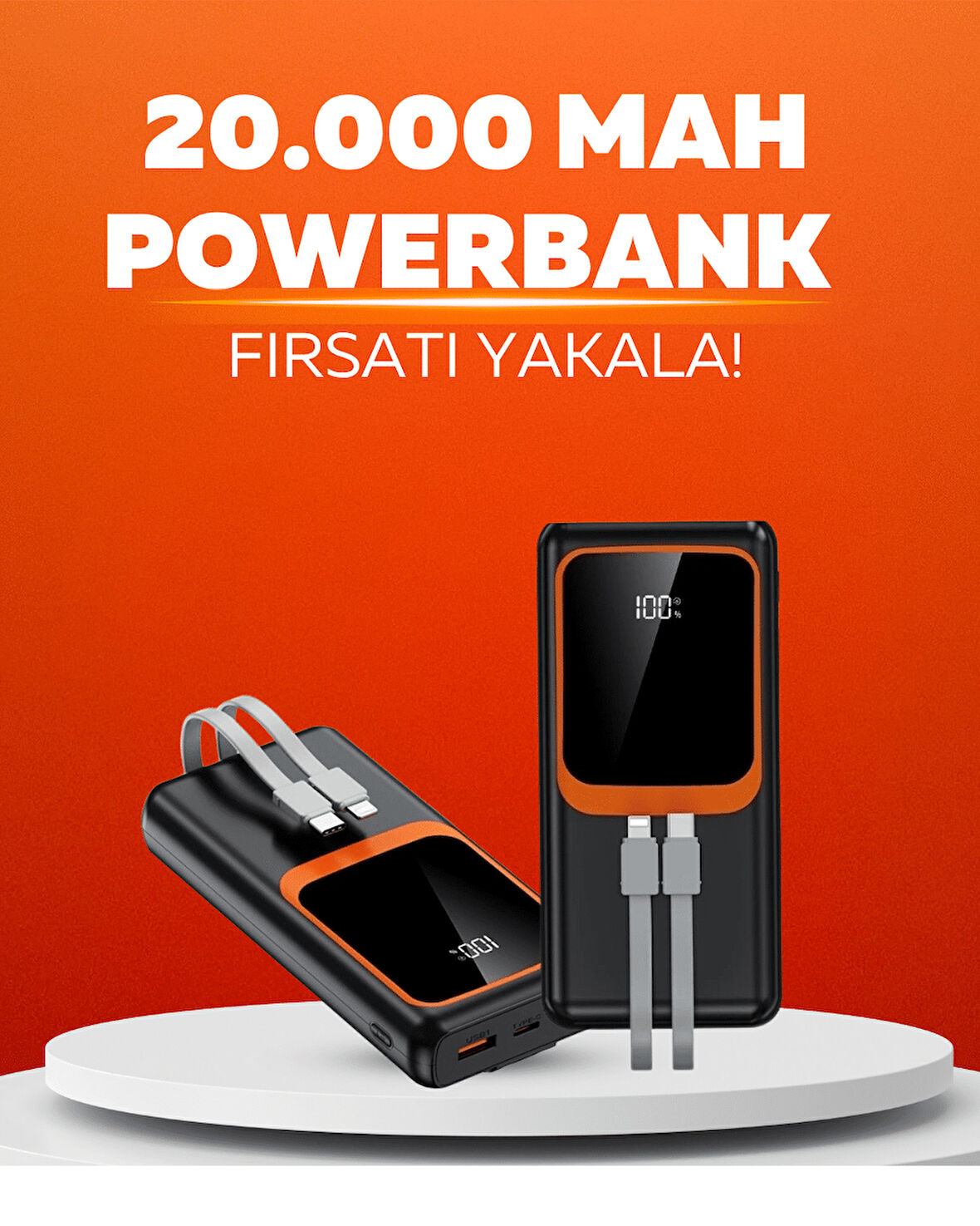 20.000 mAh Powerbank – 22.5W Hızlı Şarj, Çok Kablolu, Dijital Göstergeli