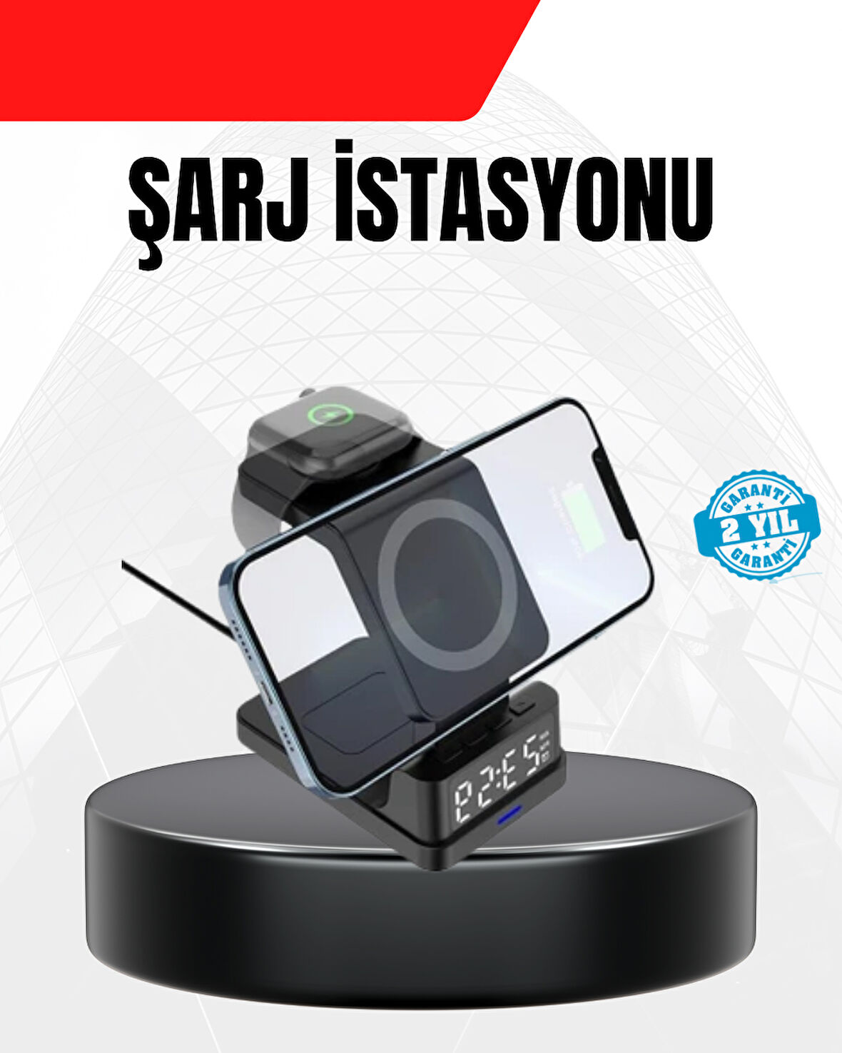 LED Dijital Saatli Kablosuz Şarj Cihazı – 3 Parlaklık Ayarlı, Şarj Koruma Teknolojili