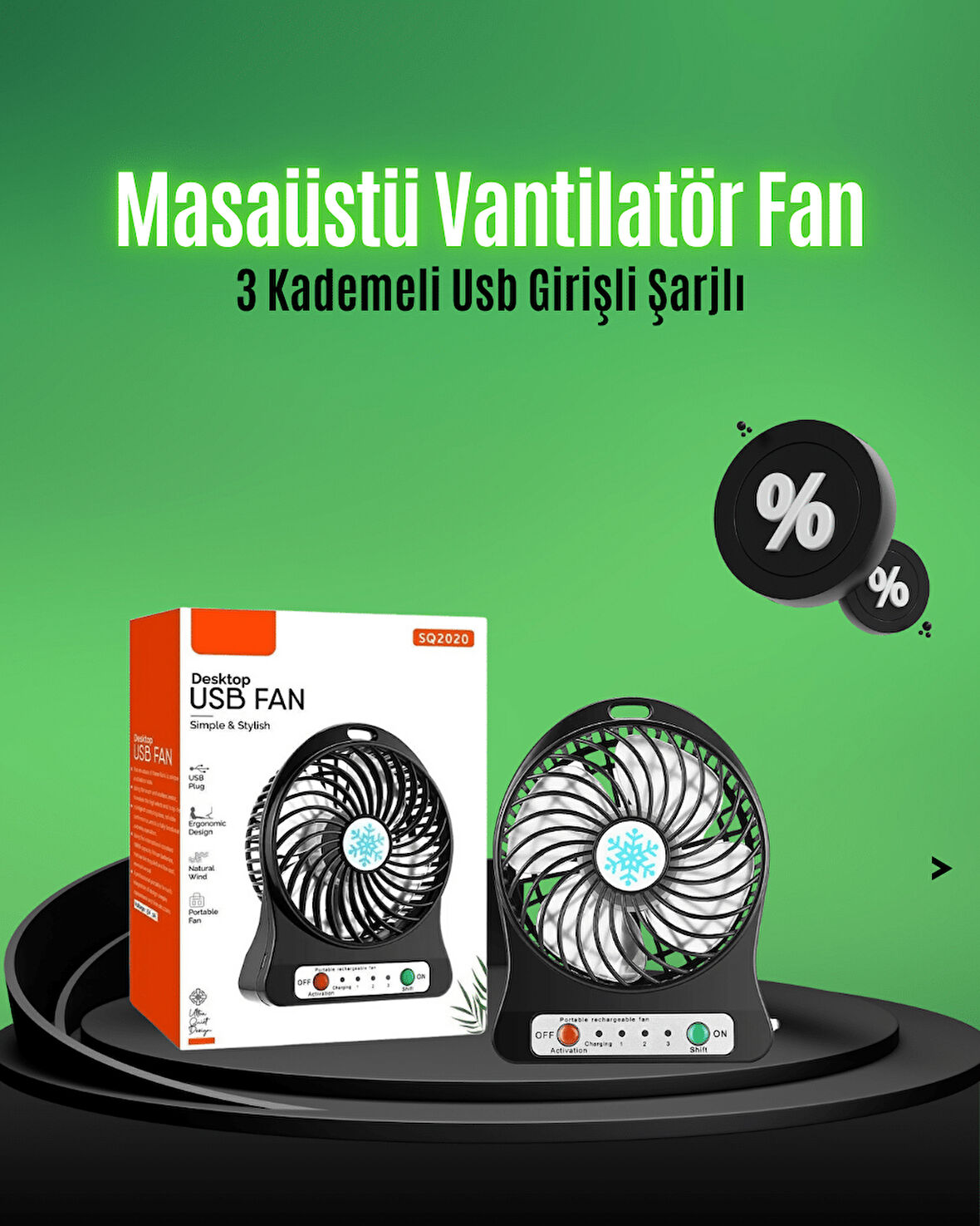 Mini USB Fan – Şarj Edilebilir, Işıklı, 3 Kademe, Taşınabilir Masaüstü Vantilatör