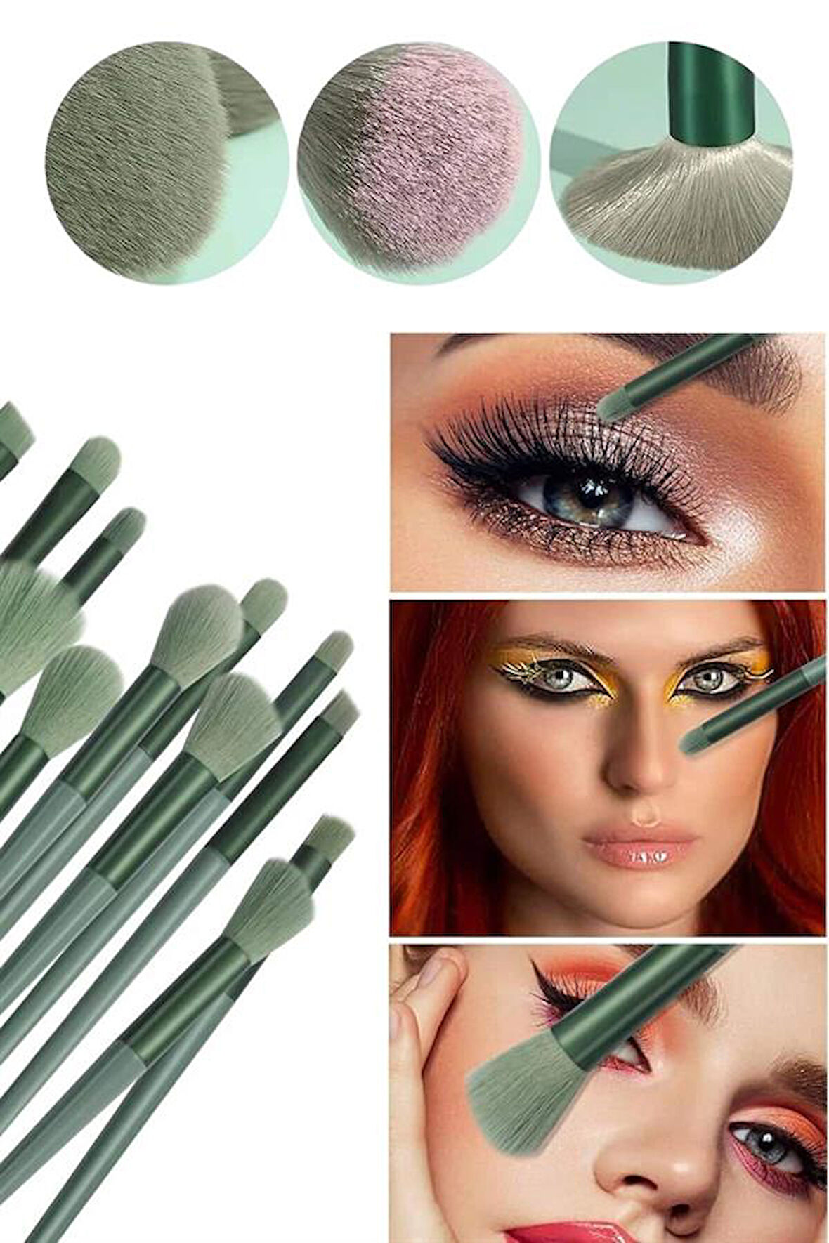 Makyaj Fırça Seti Yeşil 13 Parça Fondöten Fırçası Allık Fırçası Far Fırçası