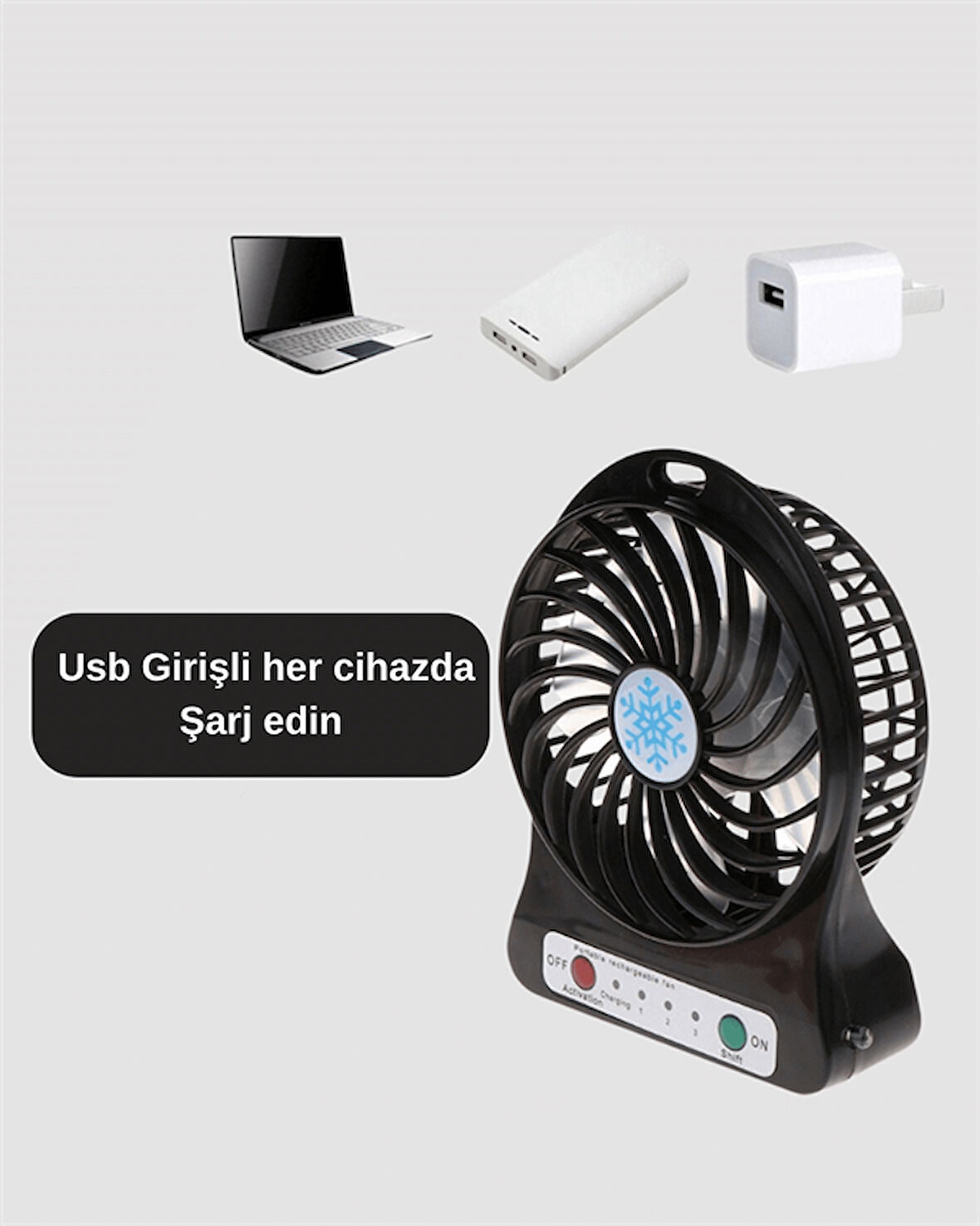 Mini Vantilatör Masaüstü – USB Girişli, Şarjlı, 3 Kademe, Sessiz Motor, Işıklı
