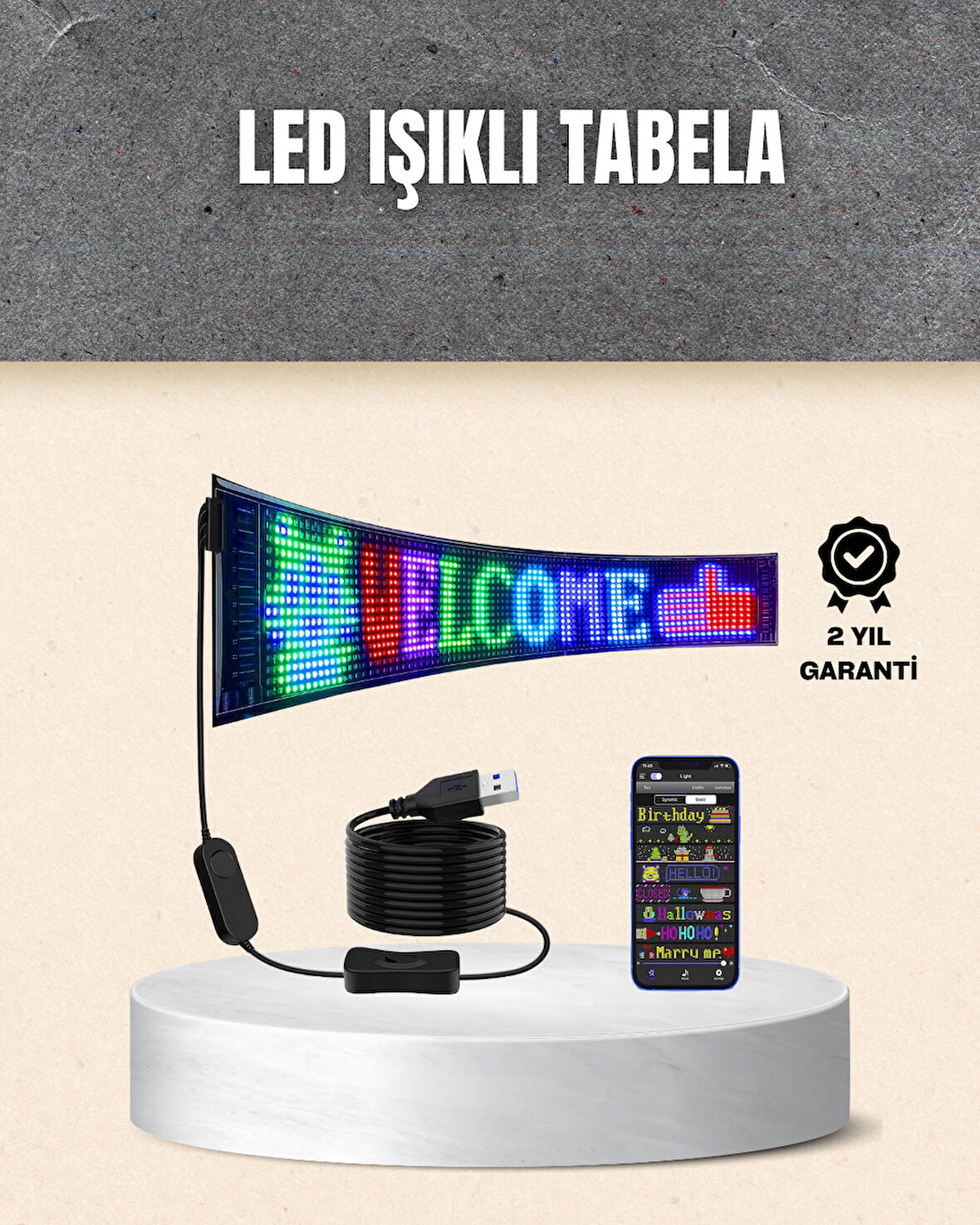RGB Kayar Yazılı LED Reklam Ekranı – USB Bağlantılı Esnek Tasarım