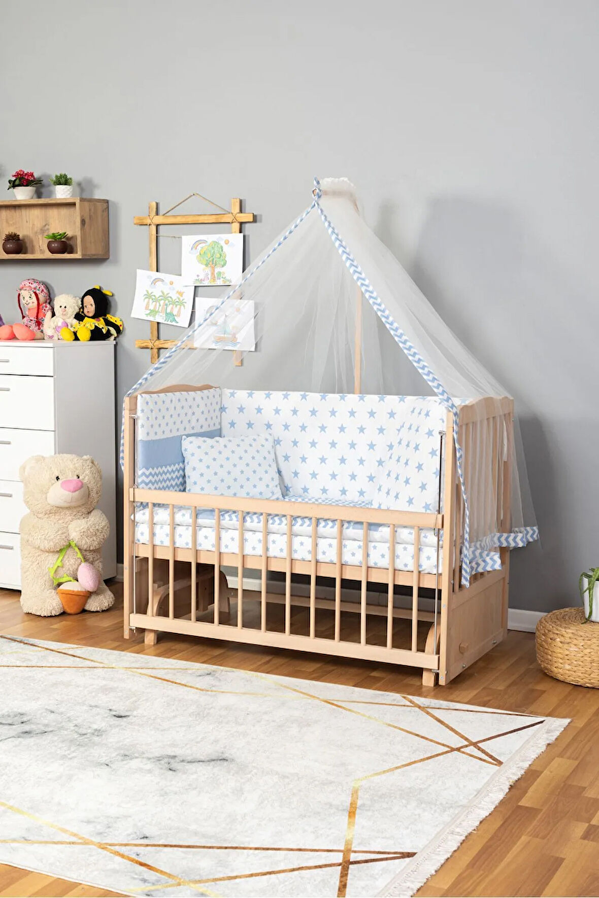 Ahşap Beşik Anne Yanı Beşik Organik(Boyasız) 60x120-Mavi Yıldız Tek Yastık Uyku Seti + Yatak