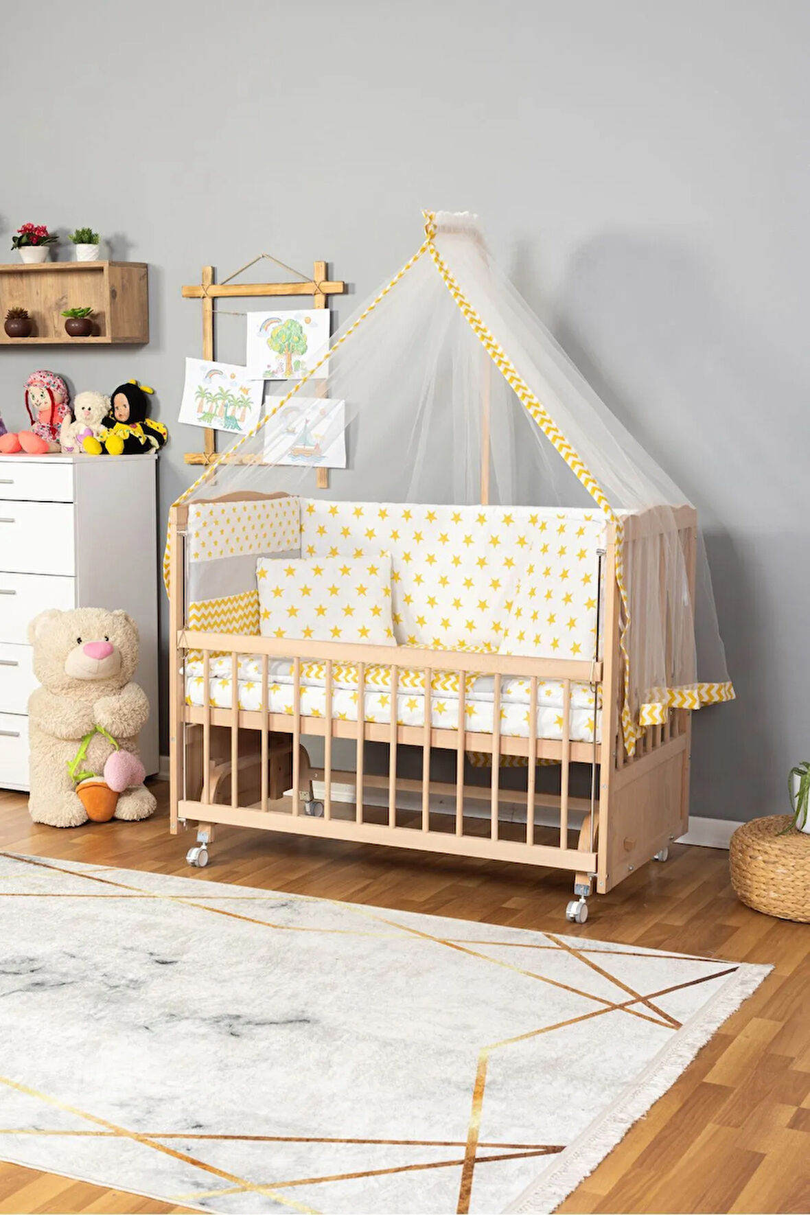 Ahşap Beşik Anne Yanı Beşik Organik(Boyasız) 60x120-Sarı Yıldız TekYastık UykuSeti+Yatak+Tekerlekli