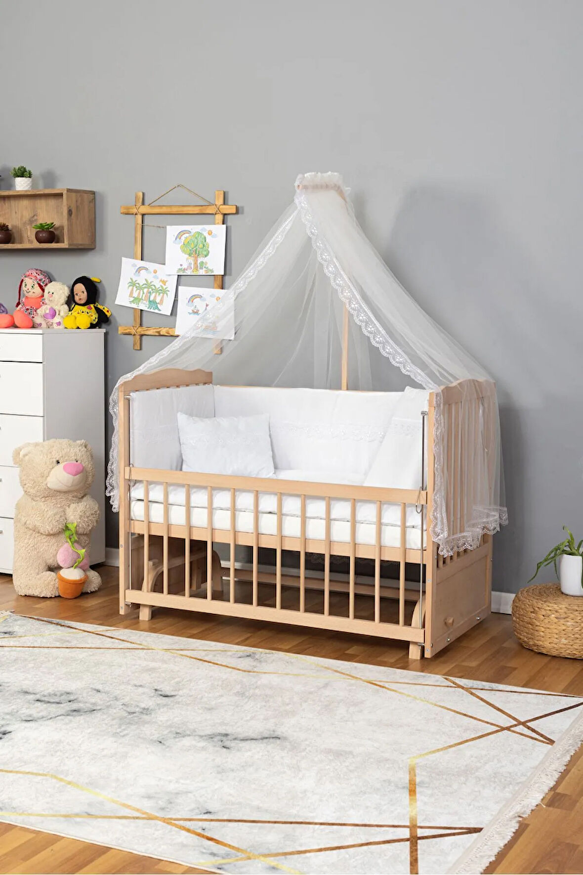 Ahşap Beşik Anne Yanı Beşik Organik(Boyasız) 60x120-Beyaz Güpür Uyku Seti + Yatak