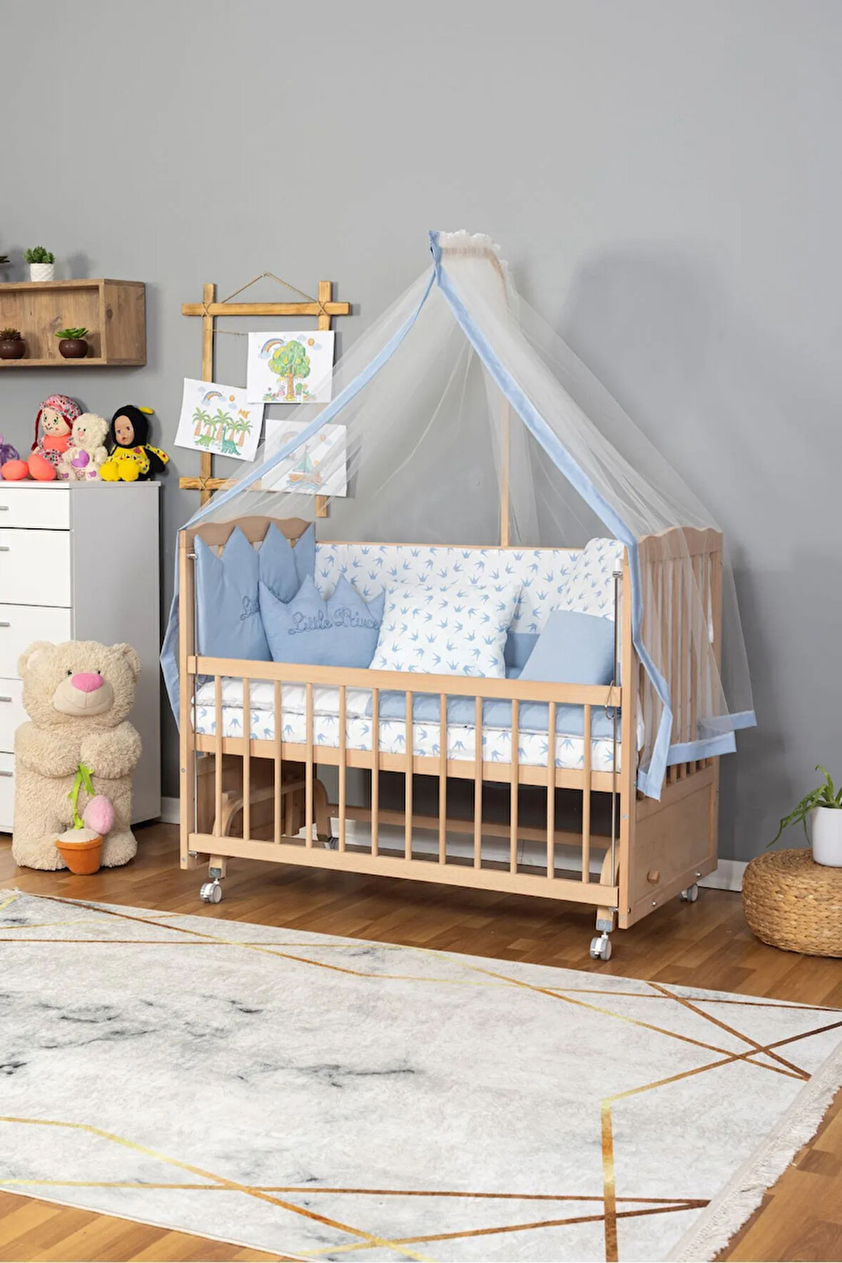 Ahşap Beşik Anne Yanı Beşik Organik(Boyasız) 60x120-Krem Nakış(Yazısız) Uyku Seti + Yatak